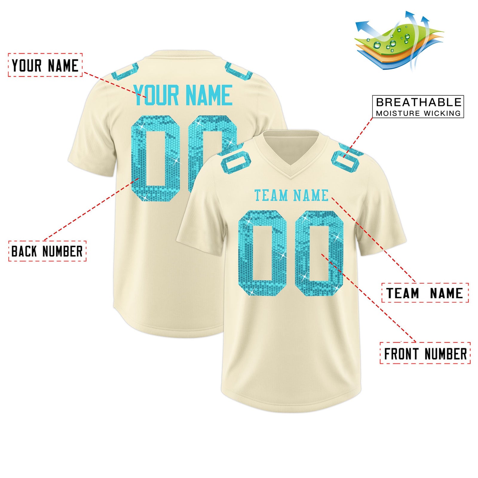 Custom Cream Sky Blue sequin lettering Moisture-Wicking Football Jersey| KXKSHOP