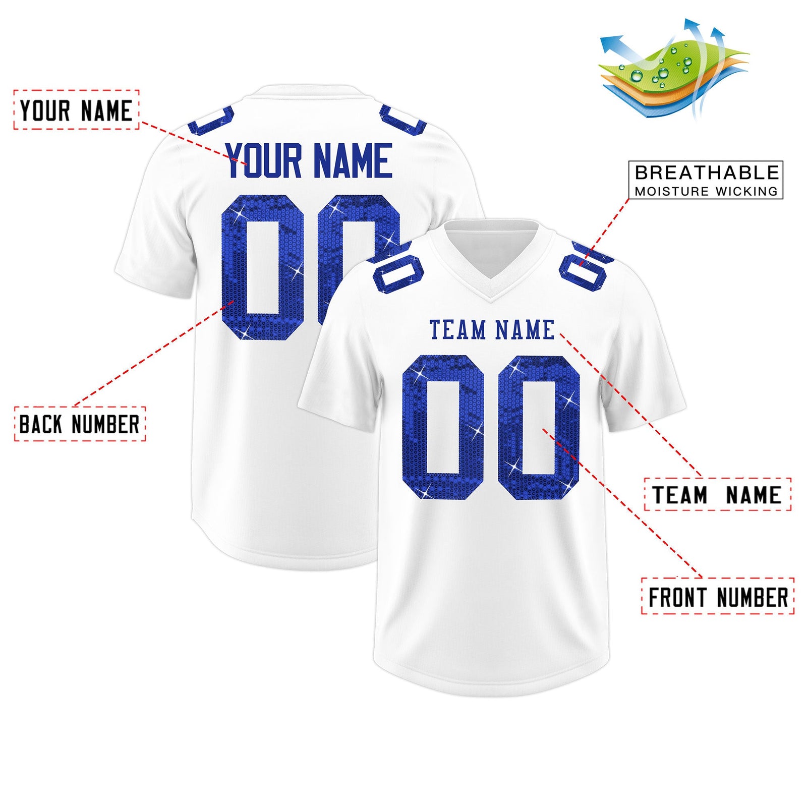 Custom White Royal Blue sequin lettering Moisture-Wicking Football Jersey| KXKSHOP