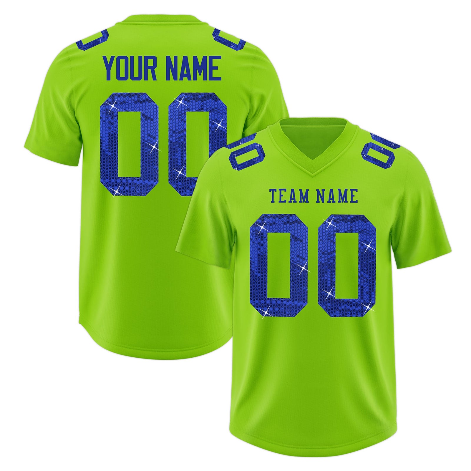 Custom Neon Green Royal Blue sequin lettering Stretch Fabric Football Jersey| KXKSHOP