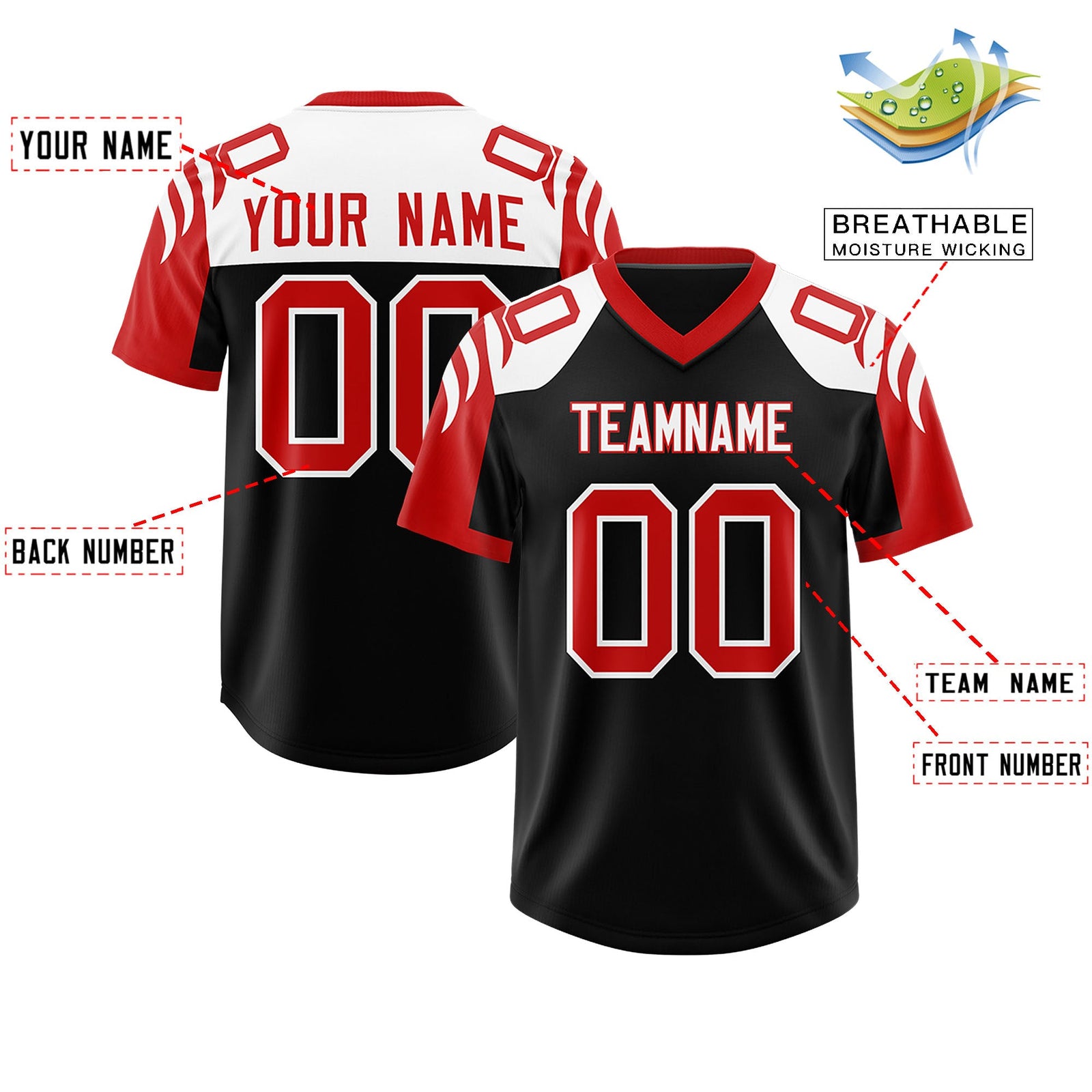 Custom Black Red Raglan Sleeves Personalized Pattern Authentic Football Jersey