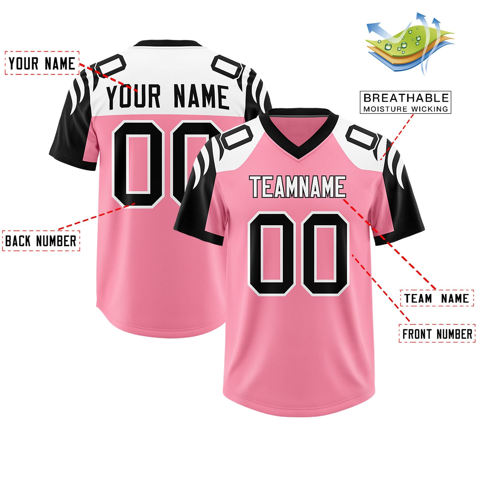 Custom Light Pink Black Raglan Sleeves Personalized Pattern Authentic Football Jersey