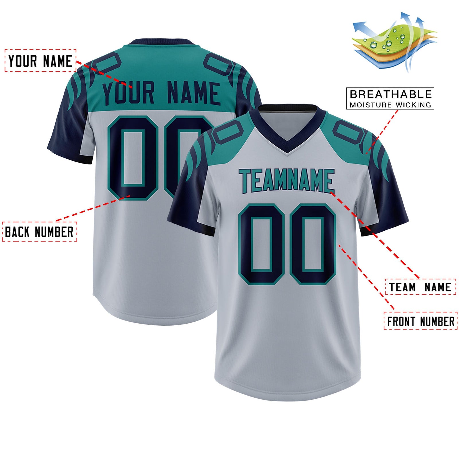 Custom Silver Navy Raglan Sleeves Personalized Pattern Authentic Football Jersey