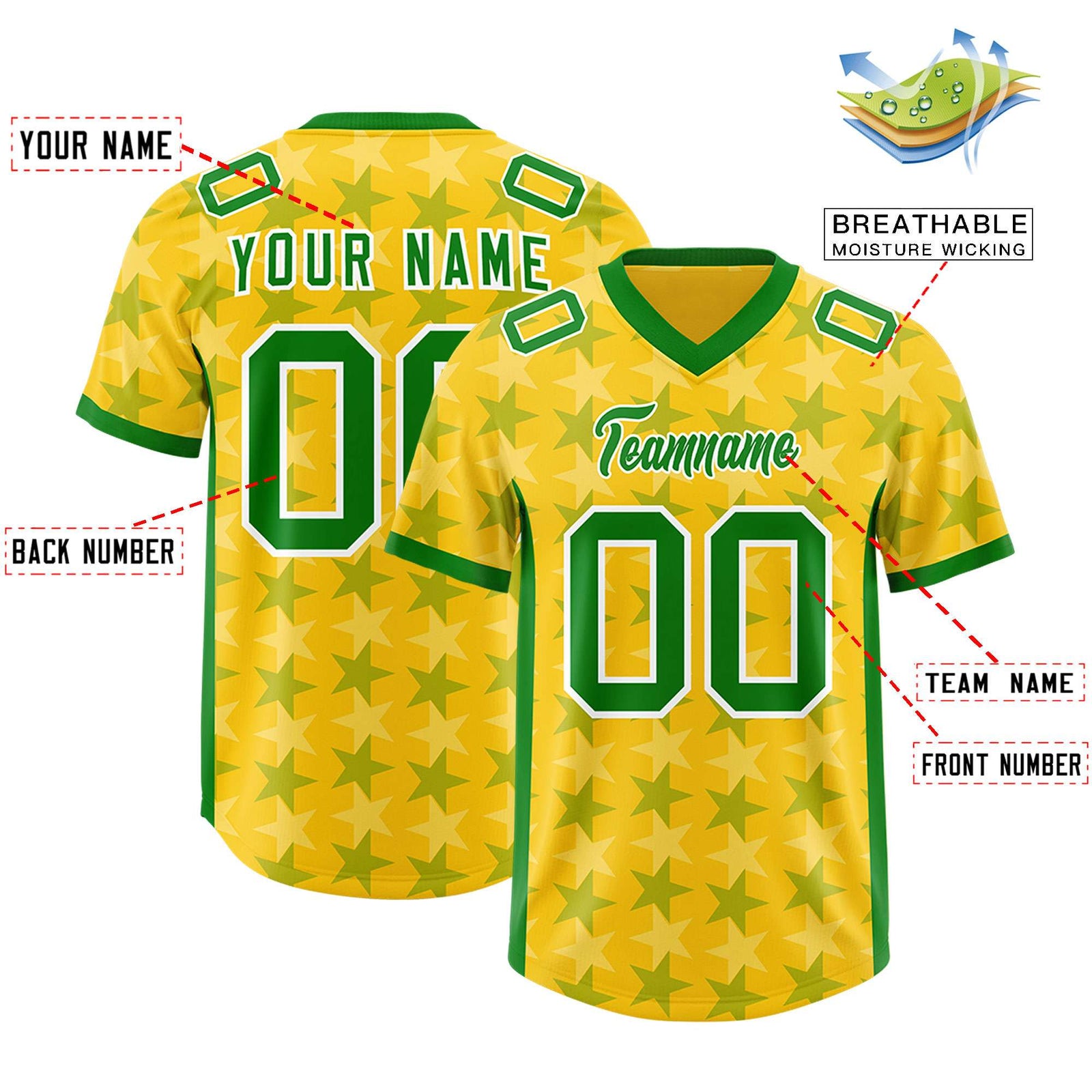 Custom Gold Kelly Green Personalized All Star Graffiti Pattern Authentic Football Jersey