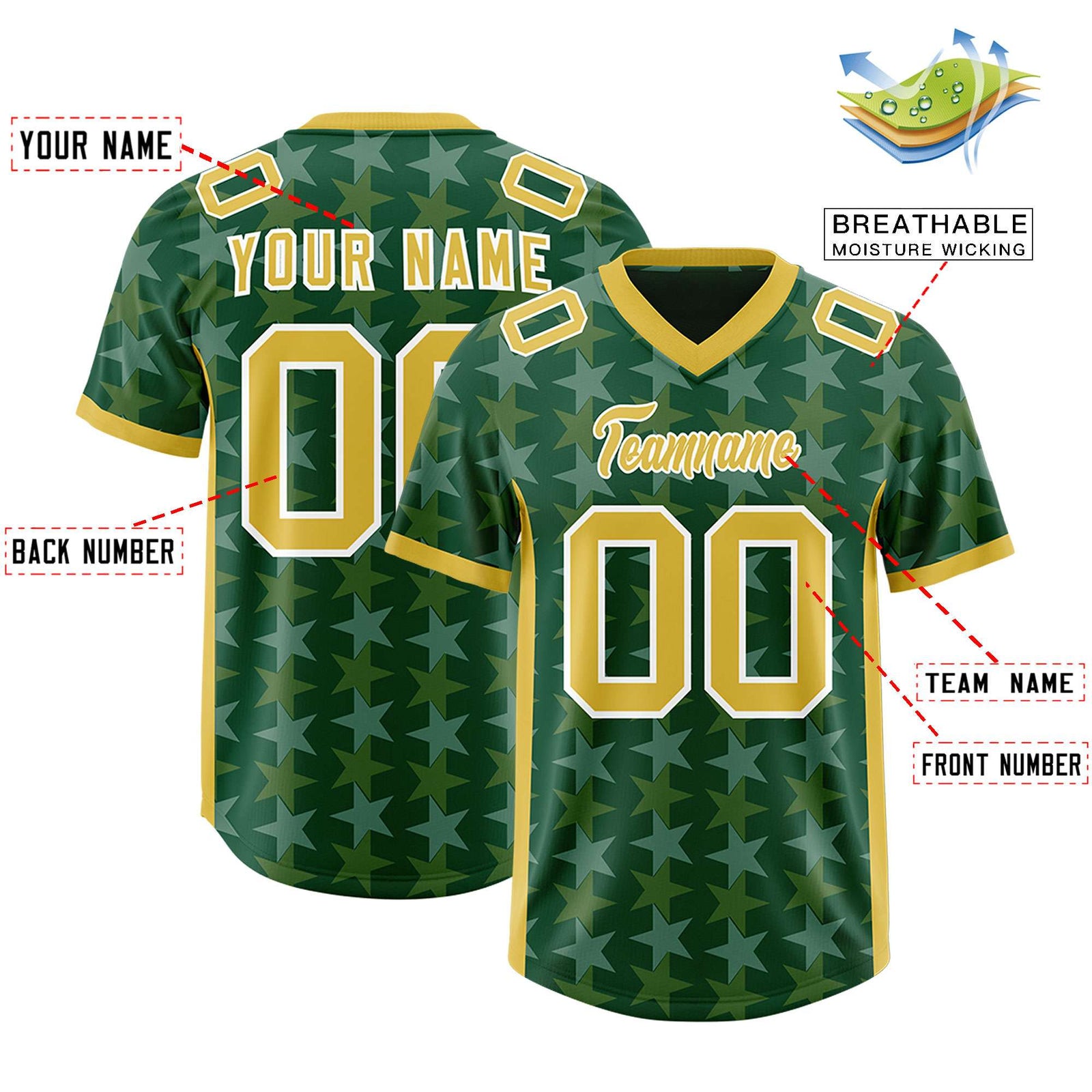Custom Green Old Gold Personalized All Star Graffiti Pattern Authentic Football Jersey