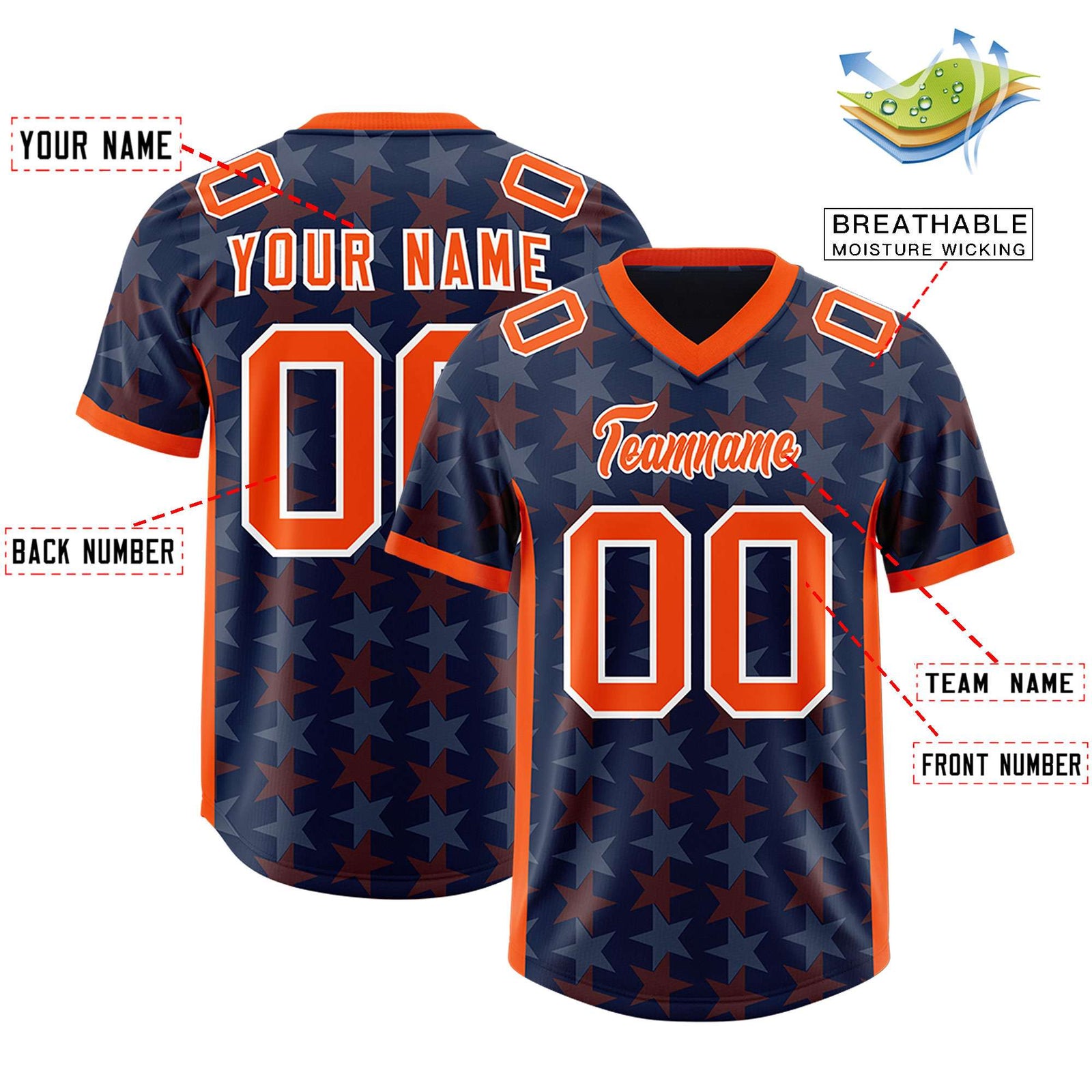 Custom Navy Orange Personalized All Star Graffiti Pattern Authentic Football Jersey
