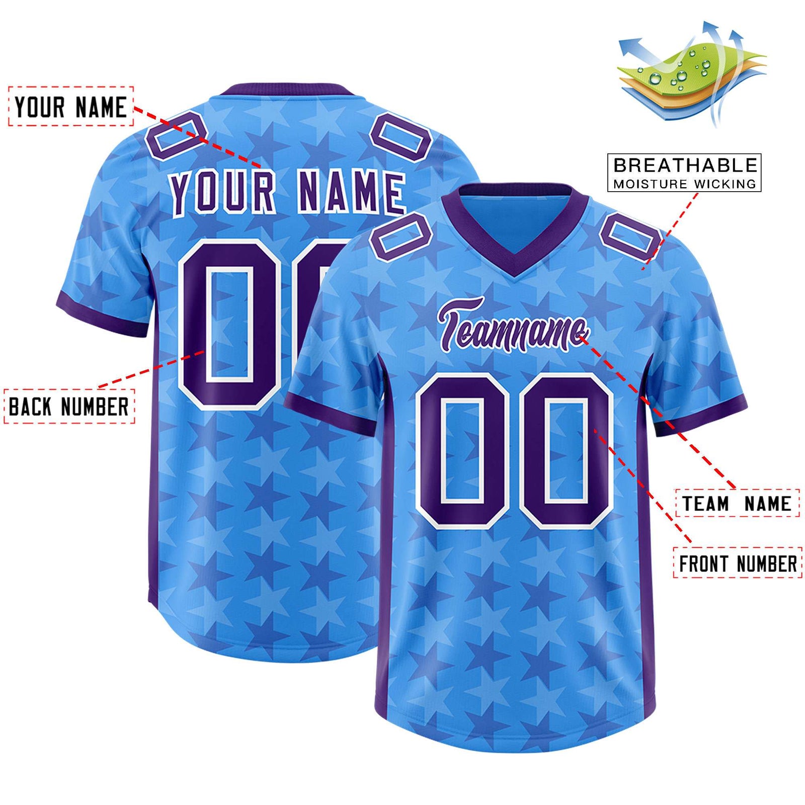 Custom Light Blue Purple Personalized All Star Graffiti Pattern Authentic Football Jersey