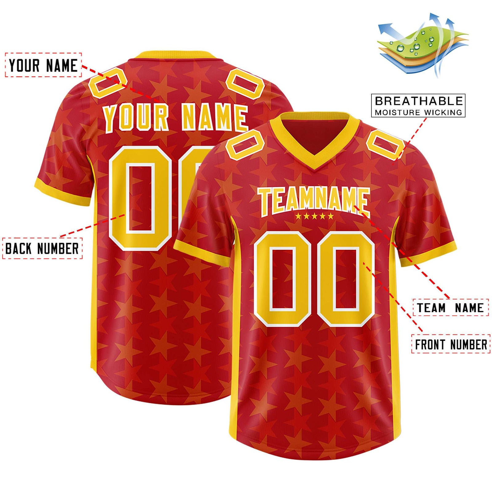 Custom Red Yellow Personalized All Star Graffiti Pattern Authentic Football Jersey