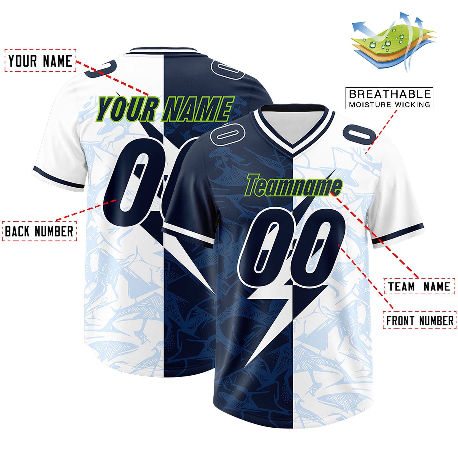 Custom White Navy Split Personalized Lightning Pattern Football Jersey