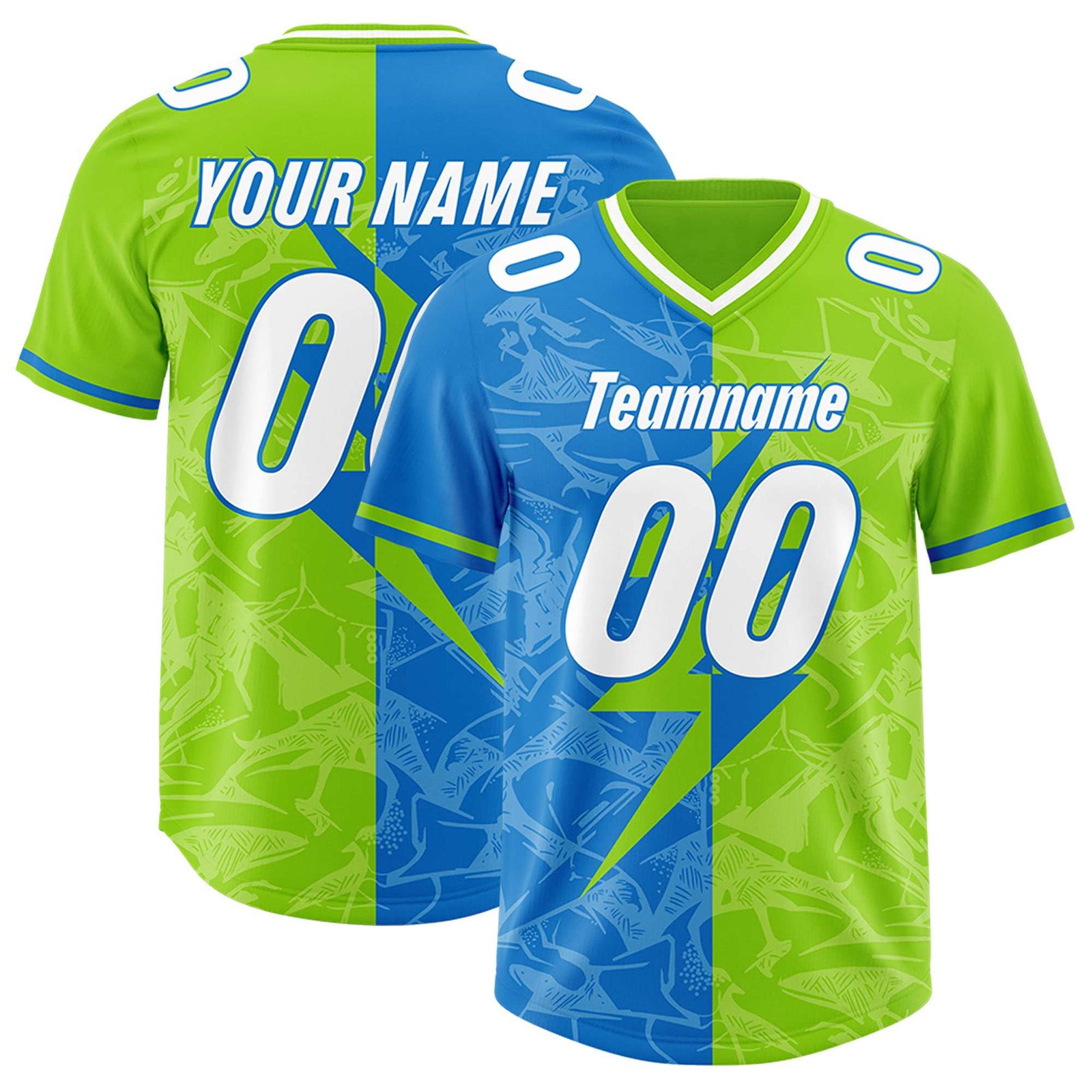 Custom Neon Green Panther Blue Split Personalized Lightning Pattern Football Jersey
