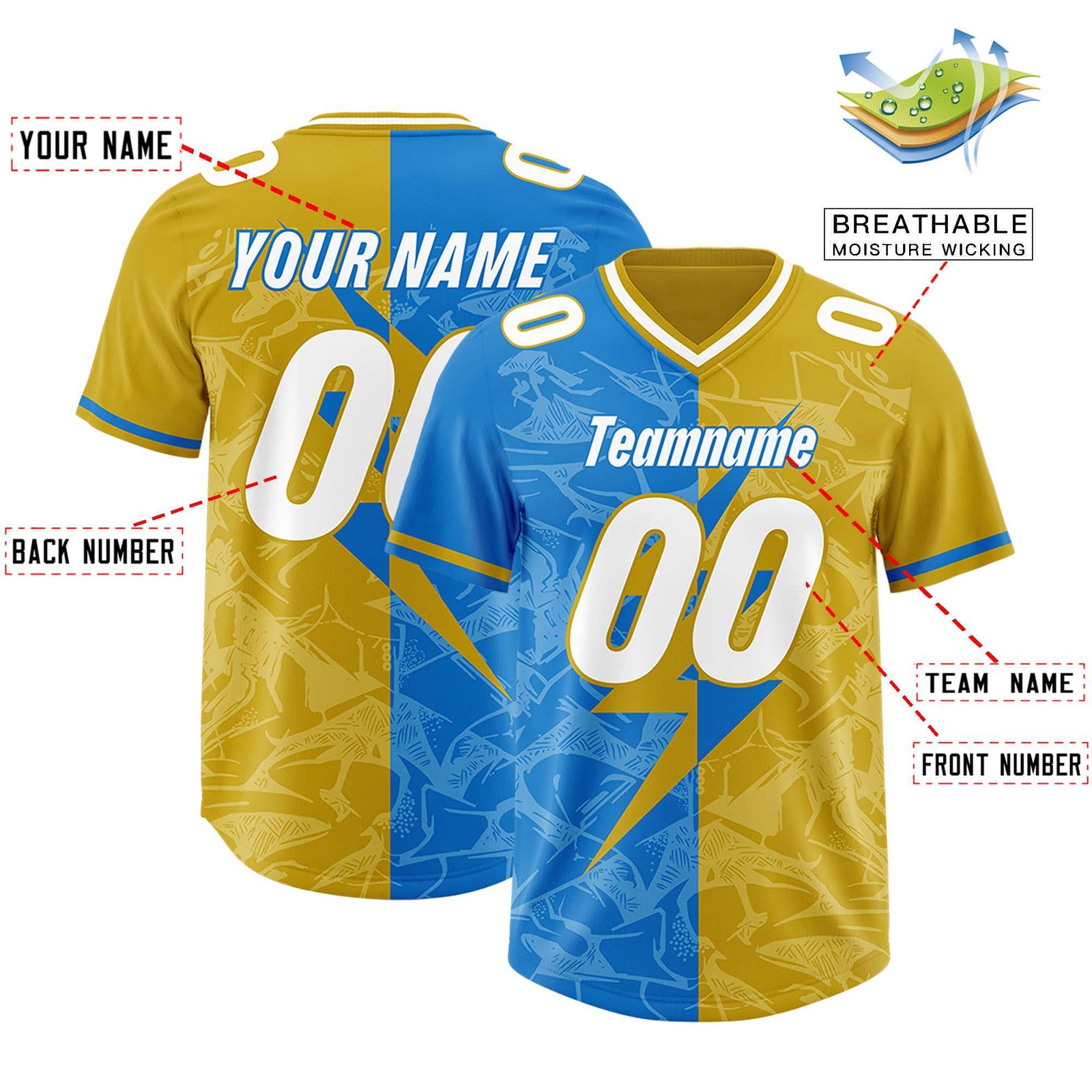 Custom Panther Blue Old Gold Split Personalized Lightning Pattern Football Jersey