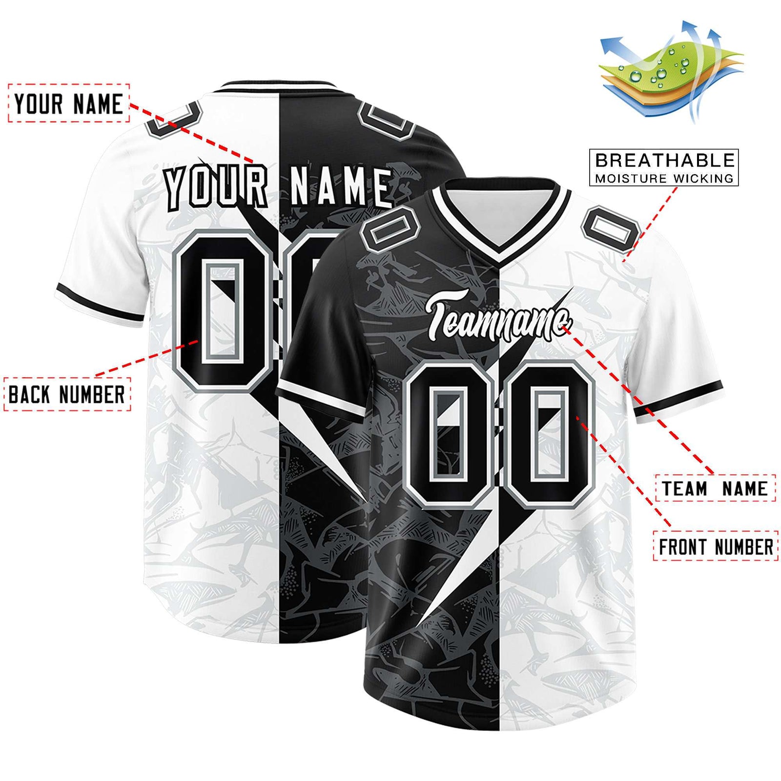 Custom White Black Split Personalized Lightning Pattern Football Jersey