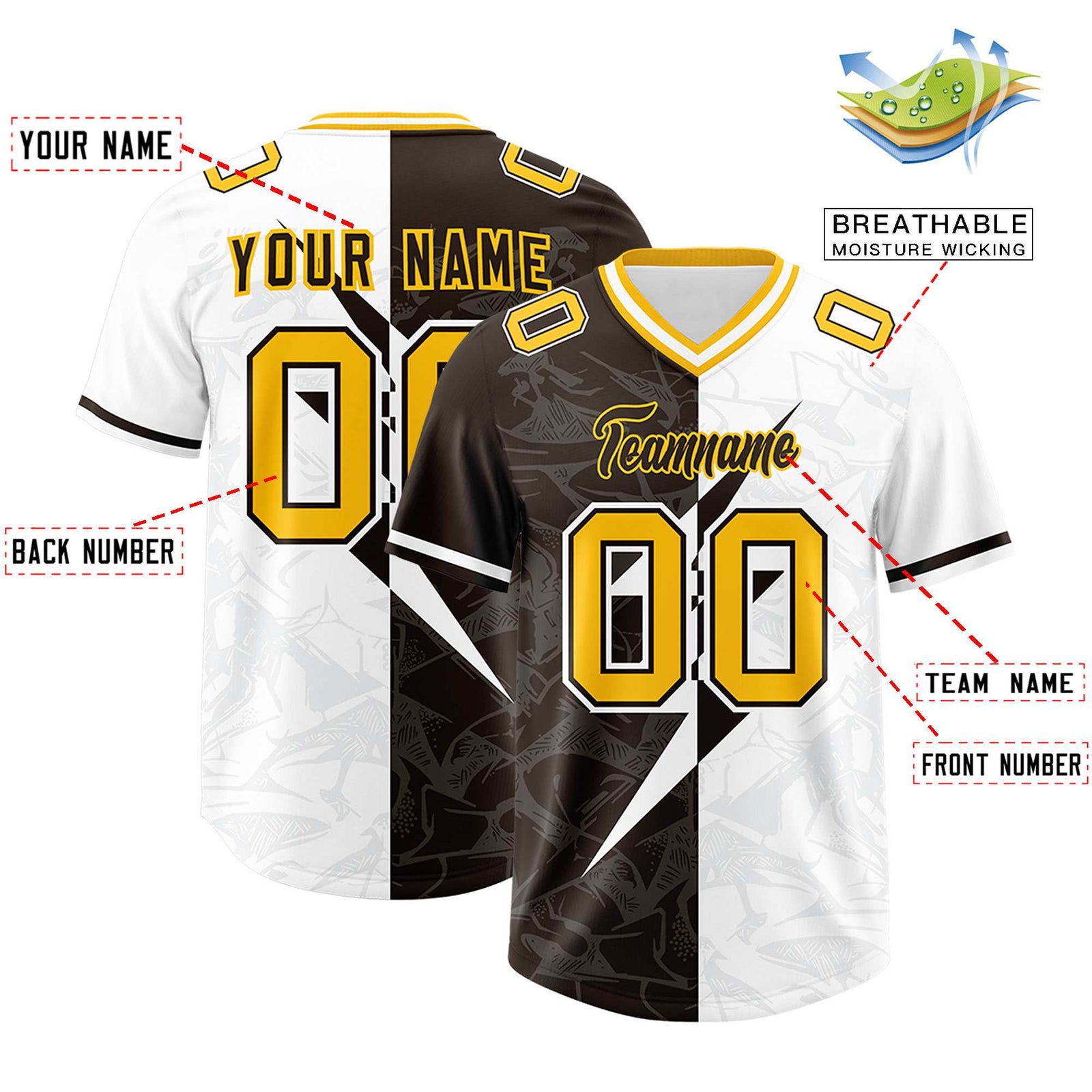 Custom Brown White Split Personalized Lightning Pattern Football Jersey