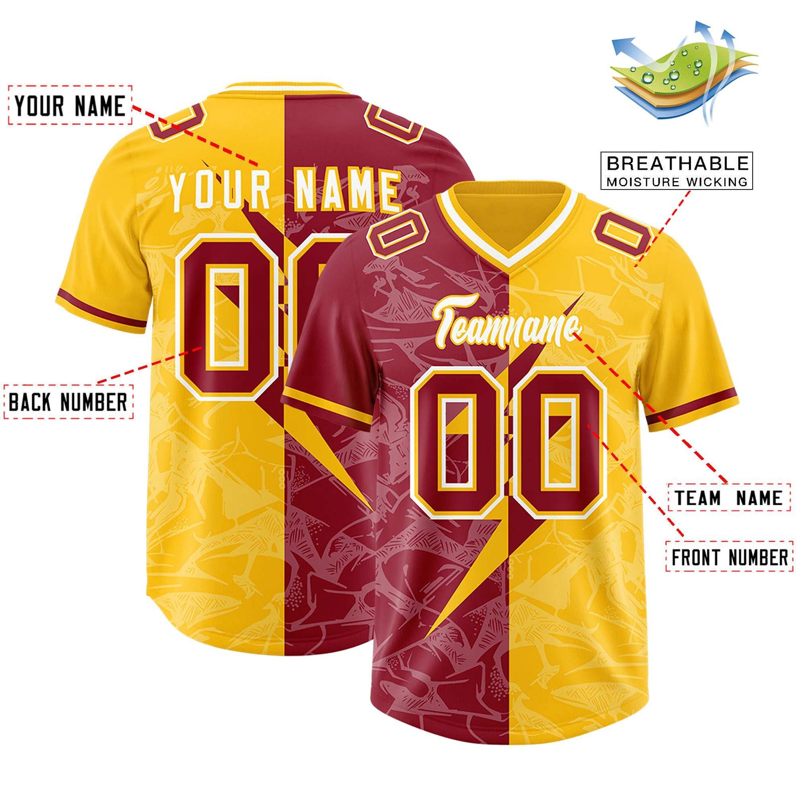 Custom Yellow Cardinal Split Personalized Lightning Pattern Football Jersey