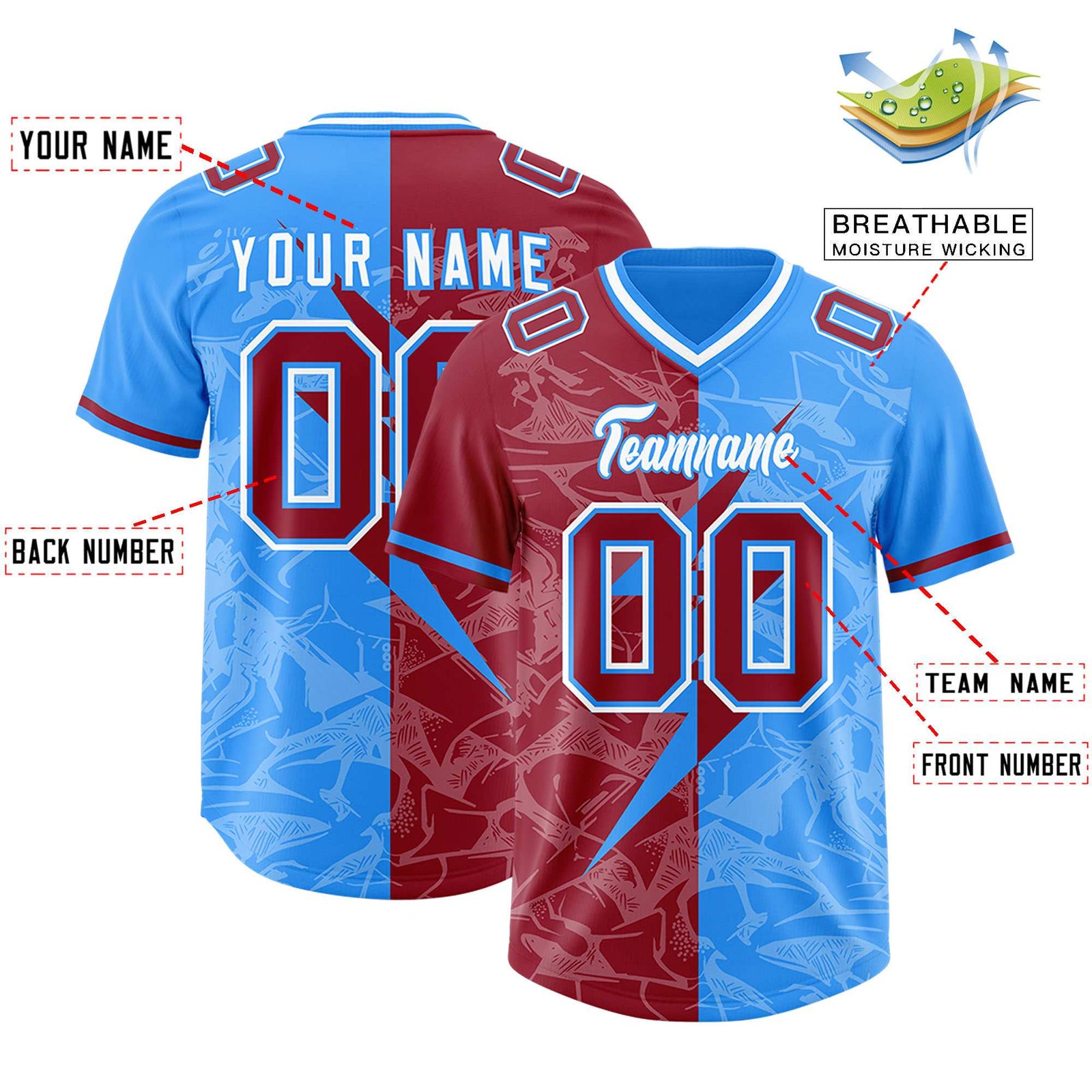 Custom Light Blue Cardinal Split Personalized Lightning Pattern Football Jersey