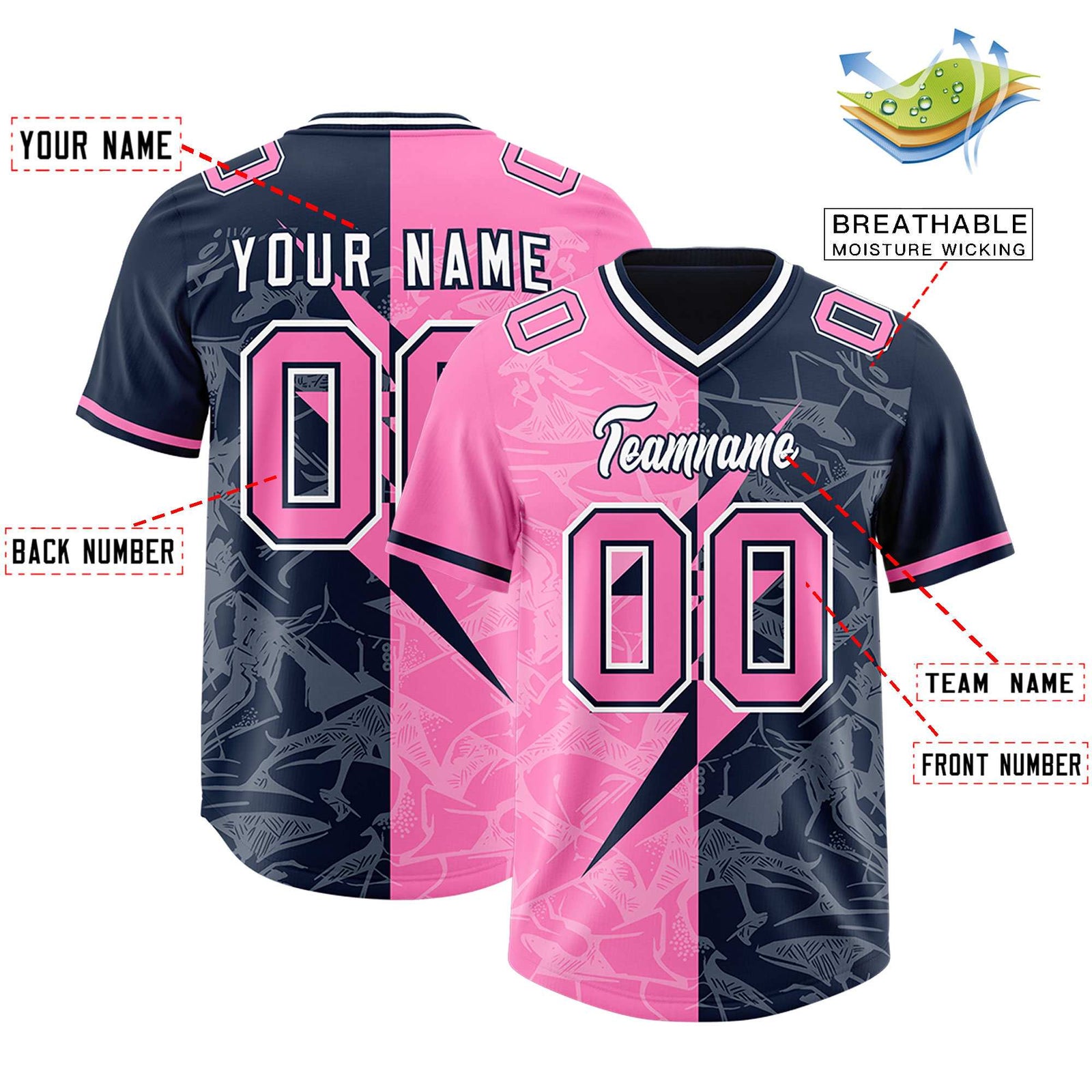 Custom Navy Pink Split Personalized Lightning Pattern Football Jersey