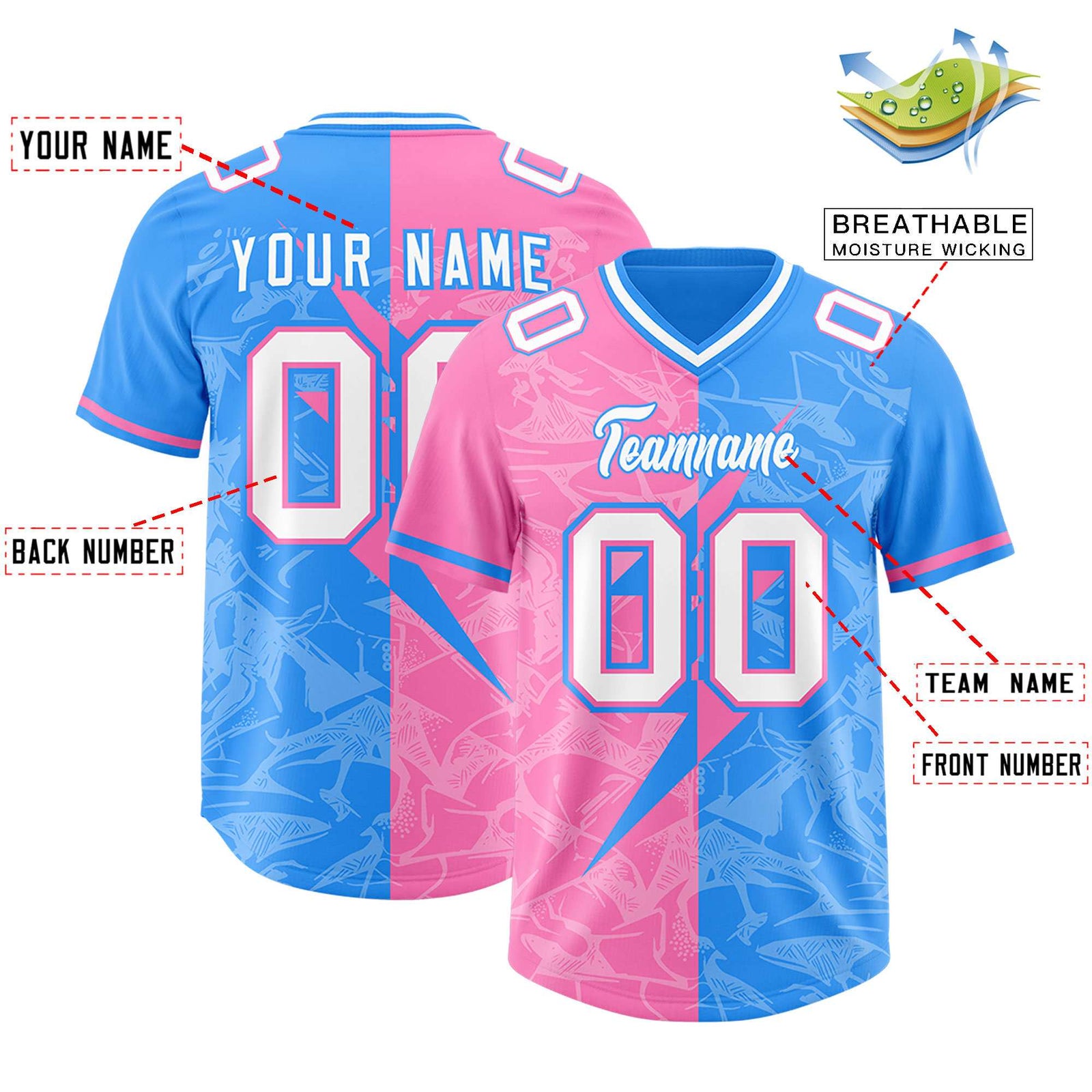 Custom Light Blue Pink Split Personalized Lightning Pattern Football Jersey
