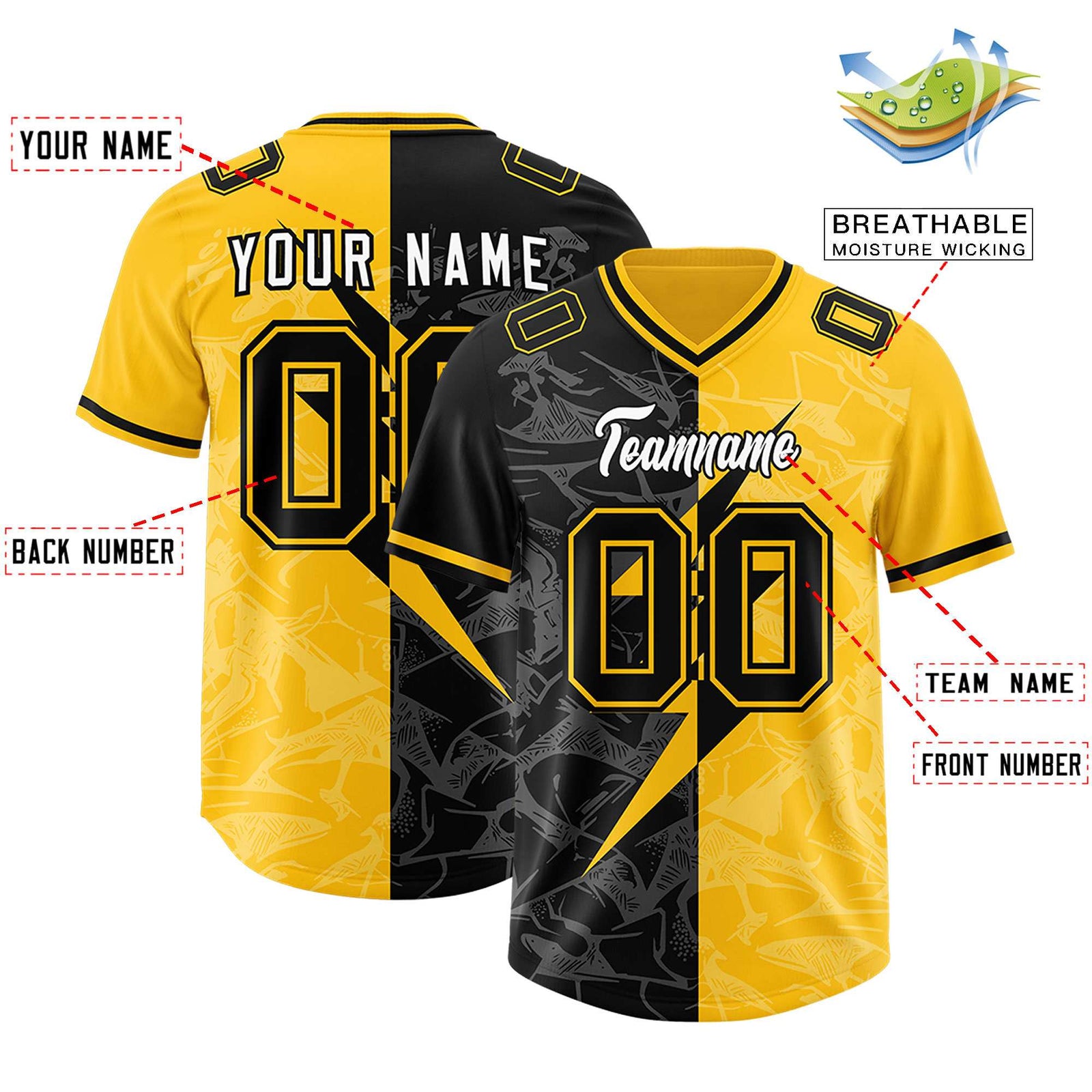 Custom Yellow Black Split Personalized Lightning Pattern Football Jersey