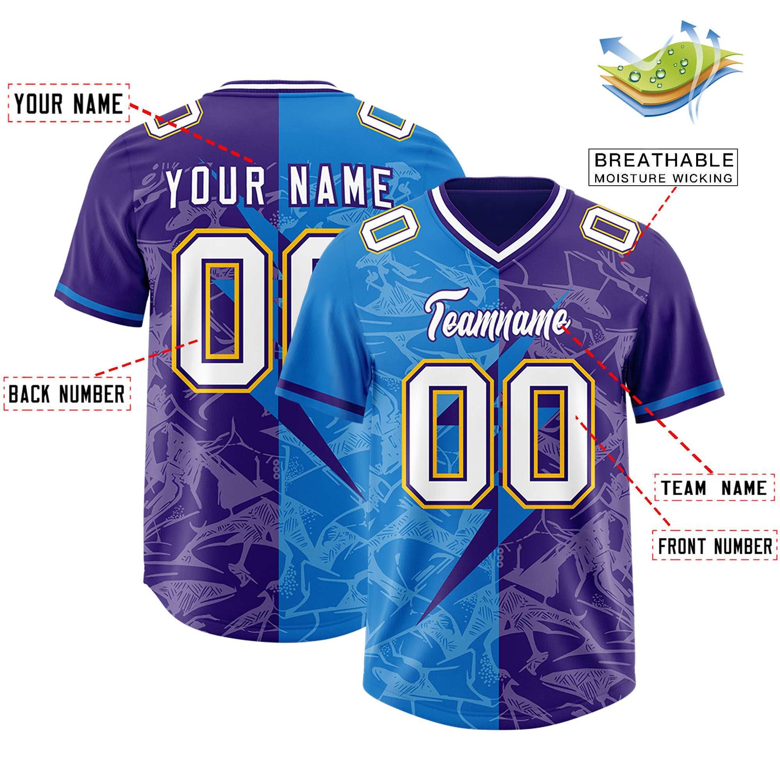 Custom Panther Blue Purple Split Personalized Lightning Pattern Football Jersey