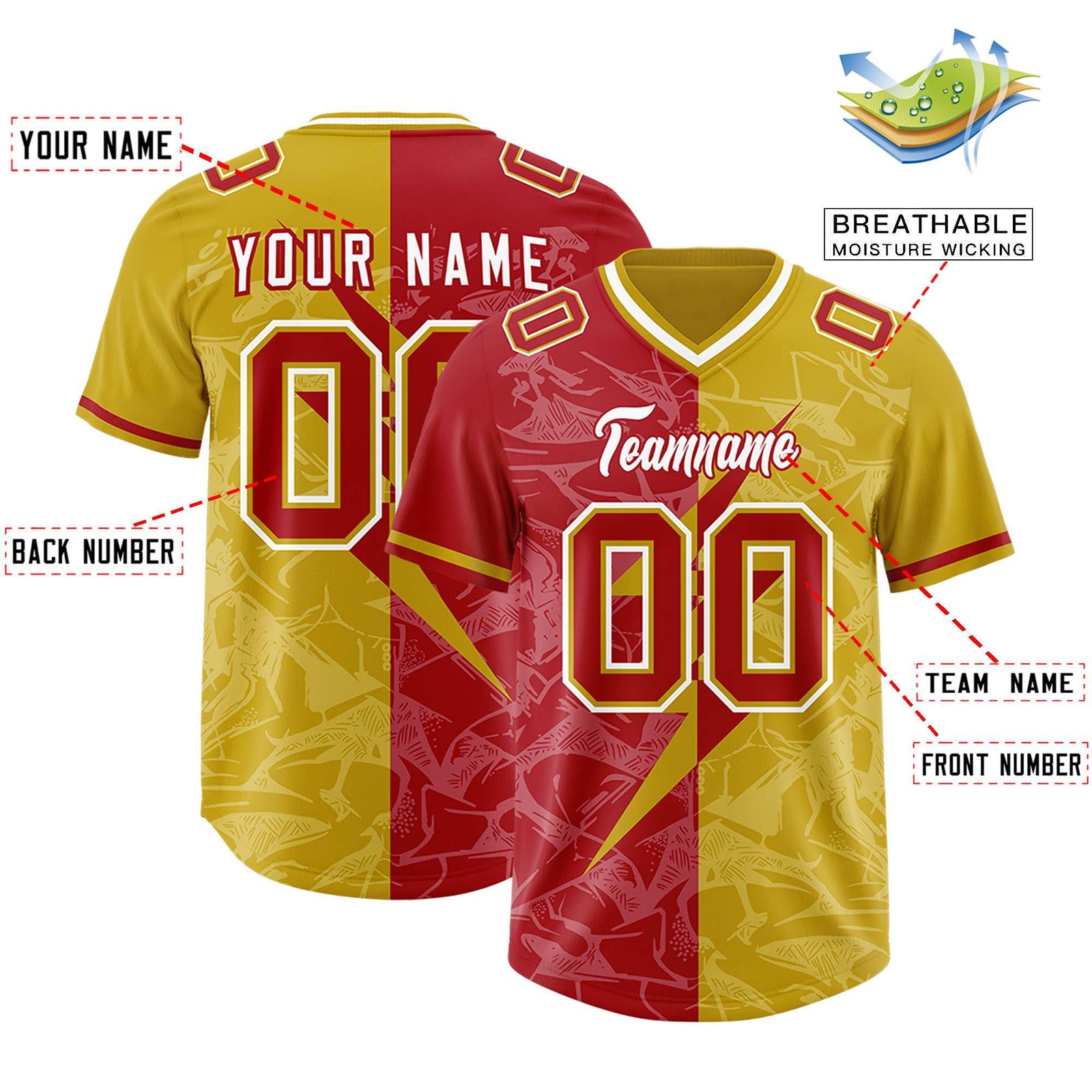 Custom Old Gold Red Split Personalized Lightning Pattern Football Jersey