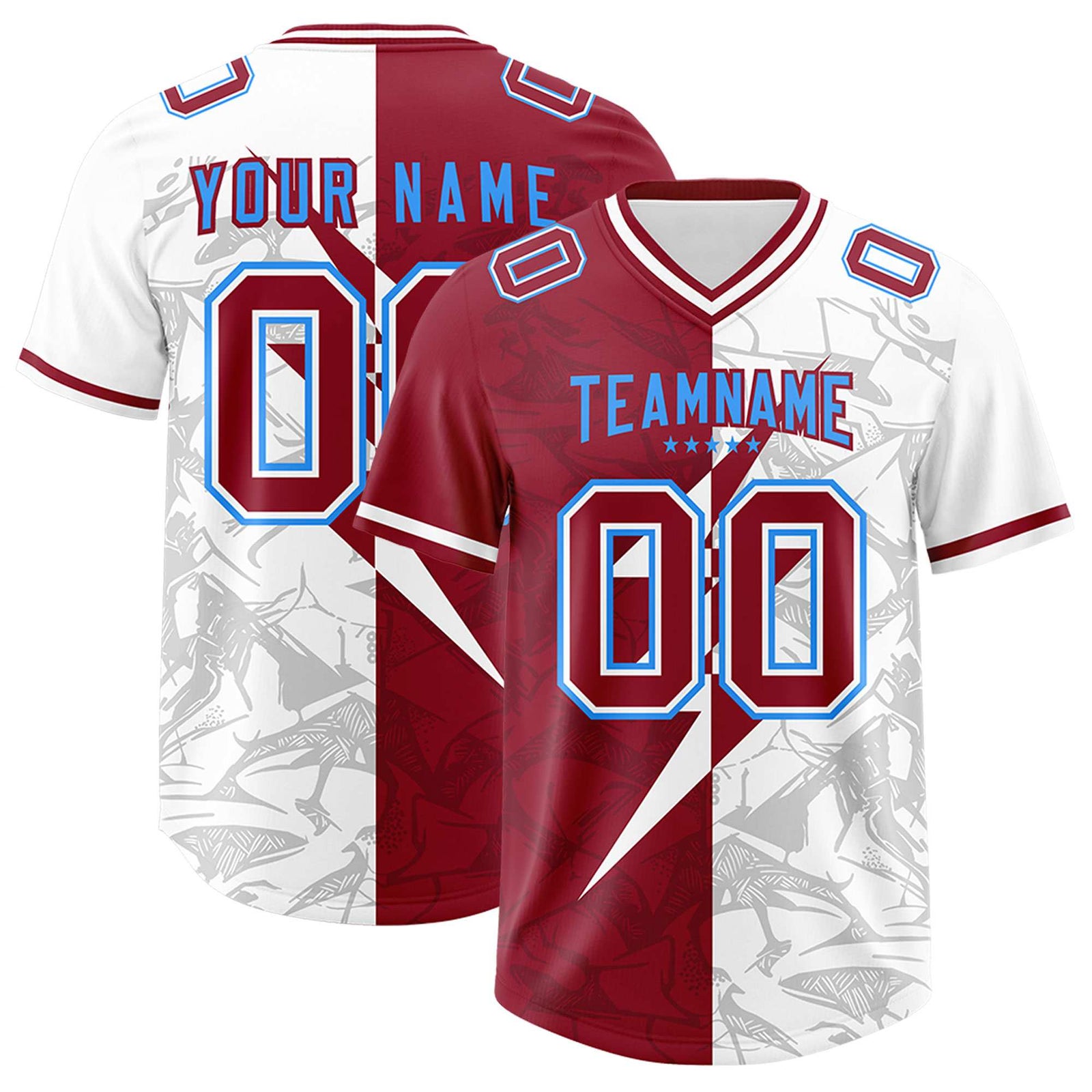 Custom Cardinal White Split Personalized Lightning Pattern Football Jersey