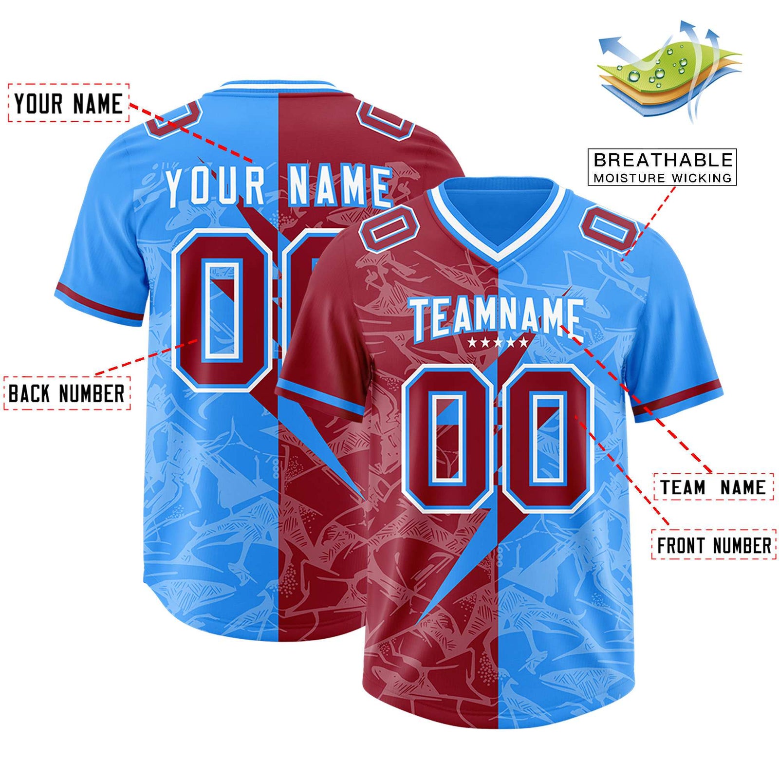 Custom Light Blue Cardinal Split Personalized Lightning Pattern Football Jersey