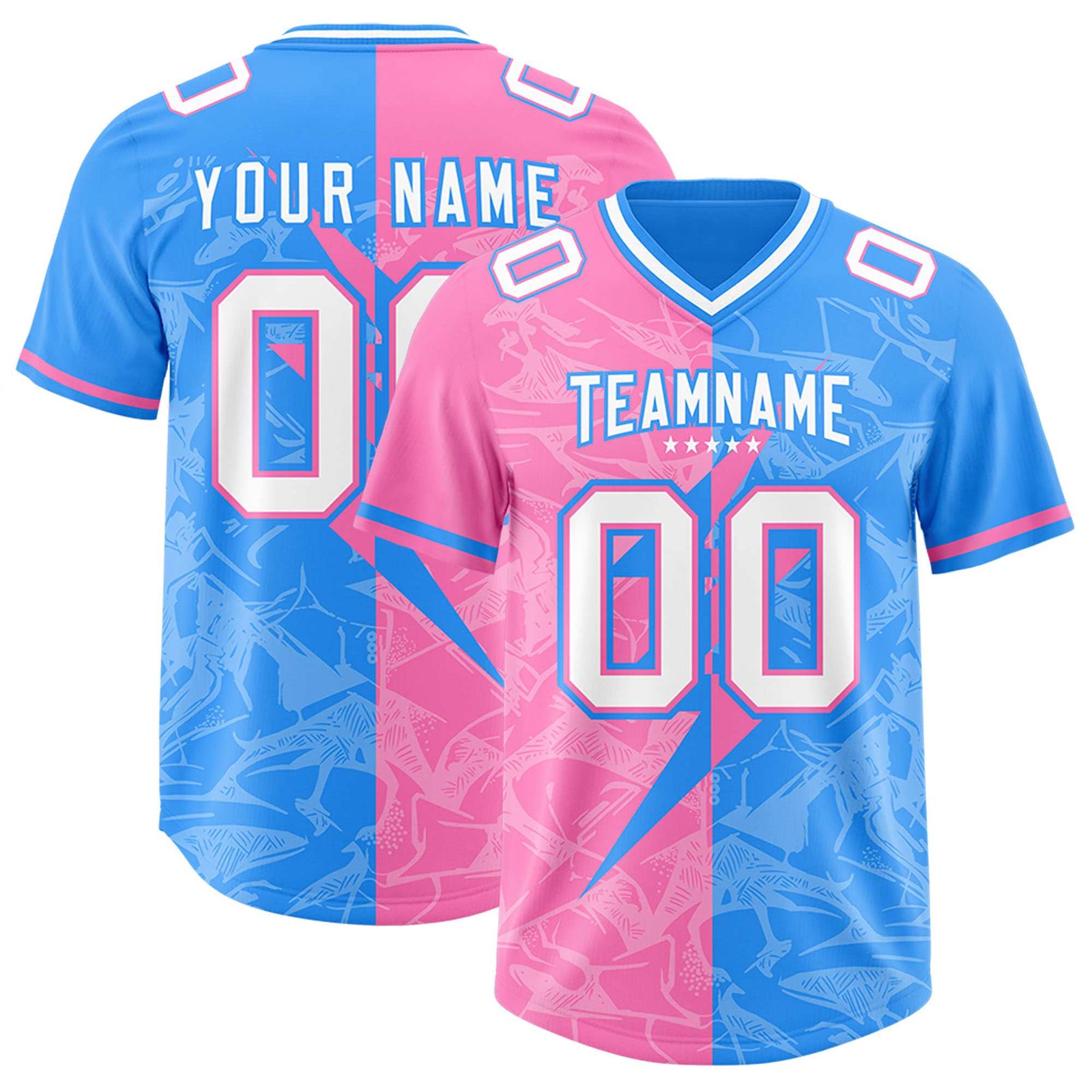 Custom Light Blue Pink Split Personalized Lightning Pattern Football Jersey