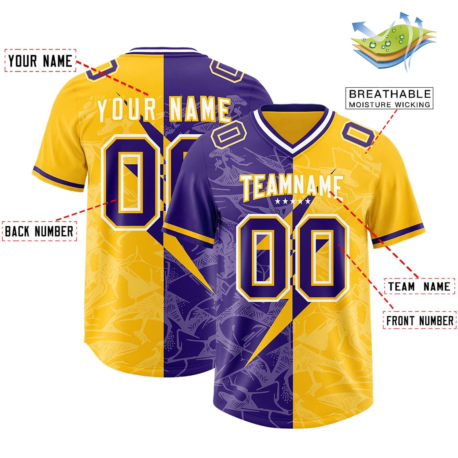 Custom Yellow Purple Split Personalized Lightning Pattern Football Jersey