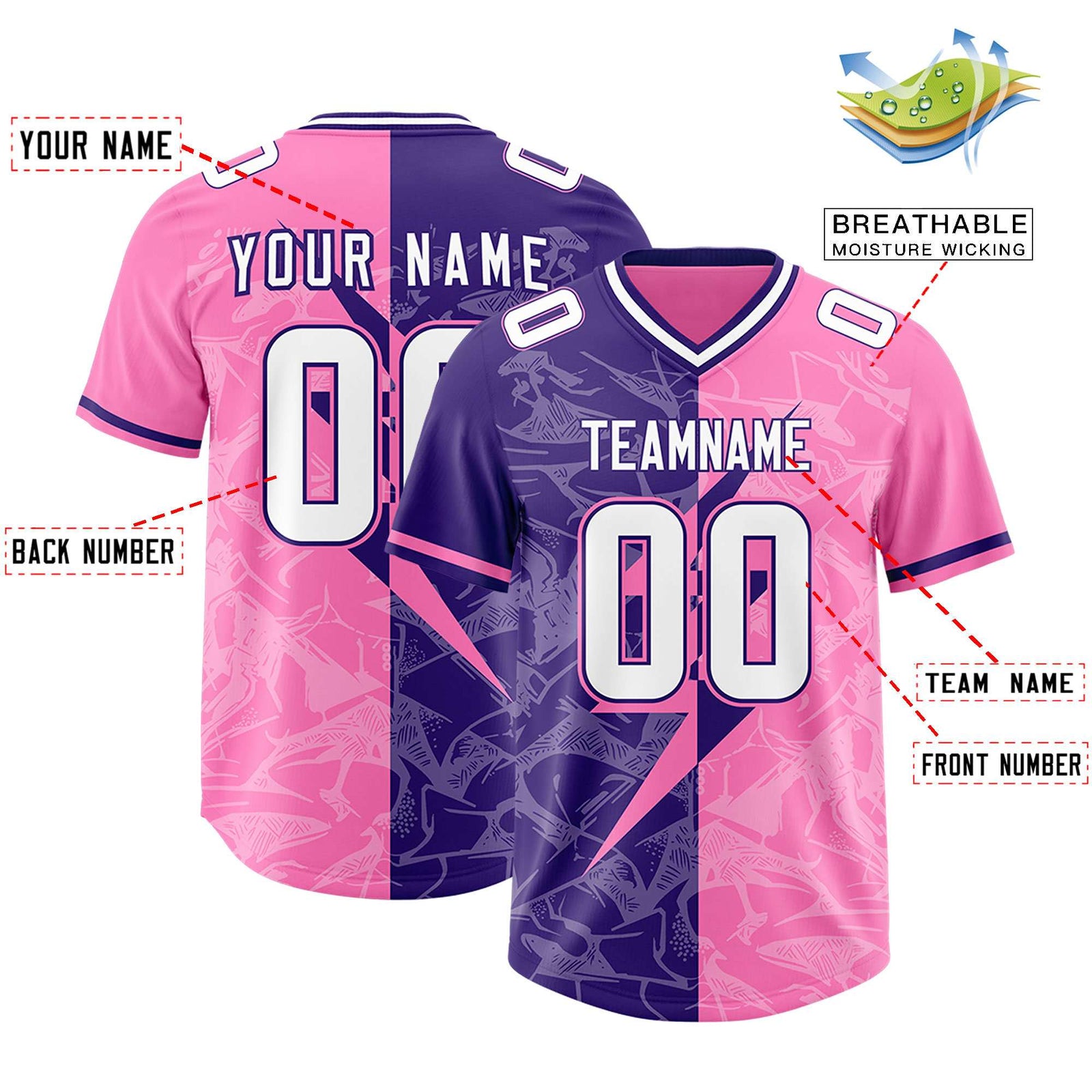 Custom Pink Purple Split Personalized Lightning Pattern Football Jersey