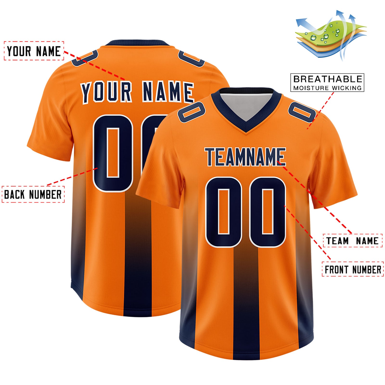 Custom Orange Navy Vertical Width Stripe Gradient Fashion Personalized Team Football Jersey