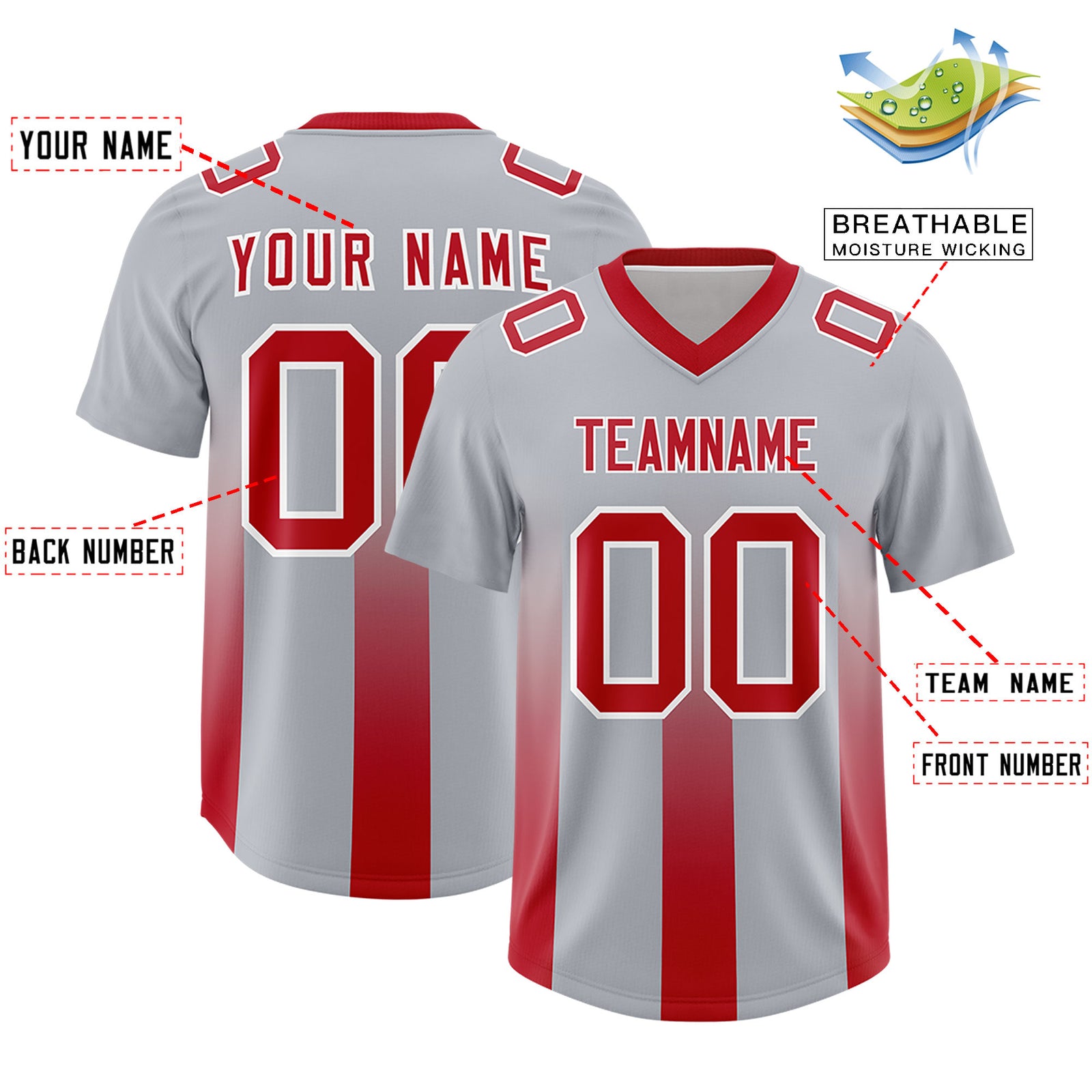 Custom Gray Red Vertical Width Stripe Gradient Fashion Personalized Team Football Jersey