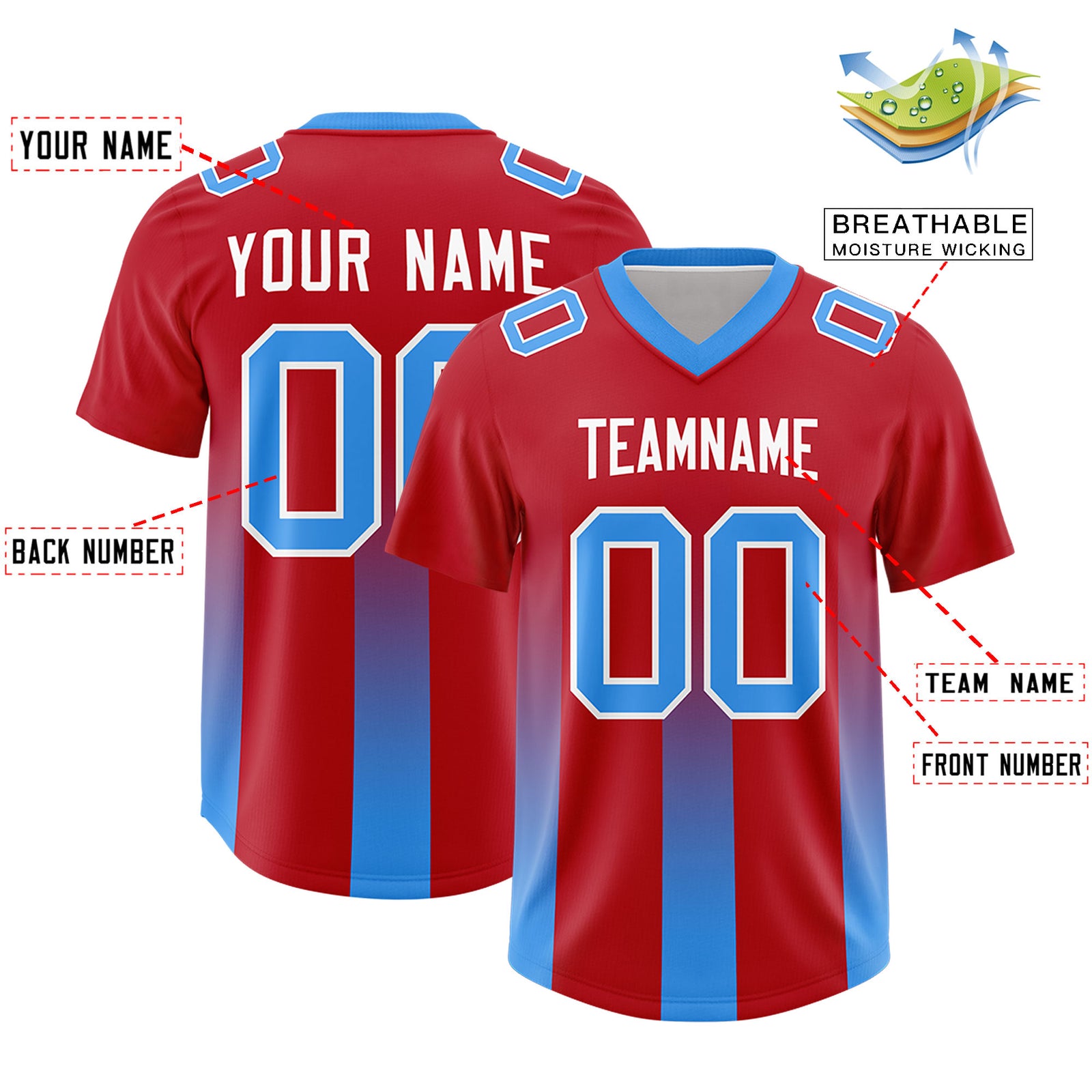 Custom Red Light Blue Vertical Width Stripe Gradient Fashion Personalized Team Football Jersey