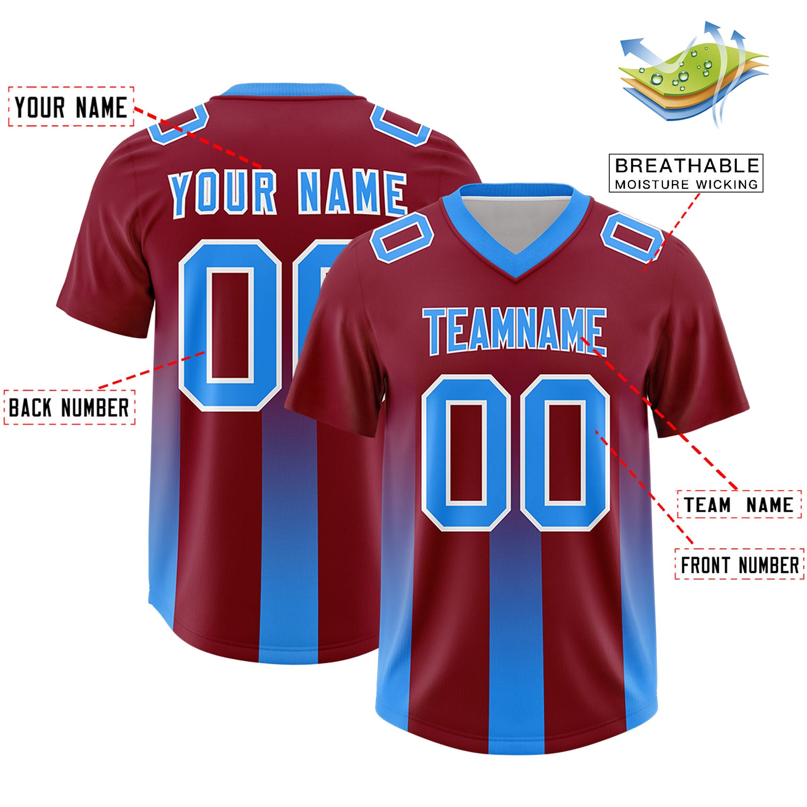 Custom Cardinal Light Blue Vertical Width Stripe Gradient Fashion Personalized Team Football Jersey