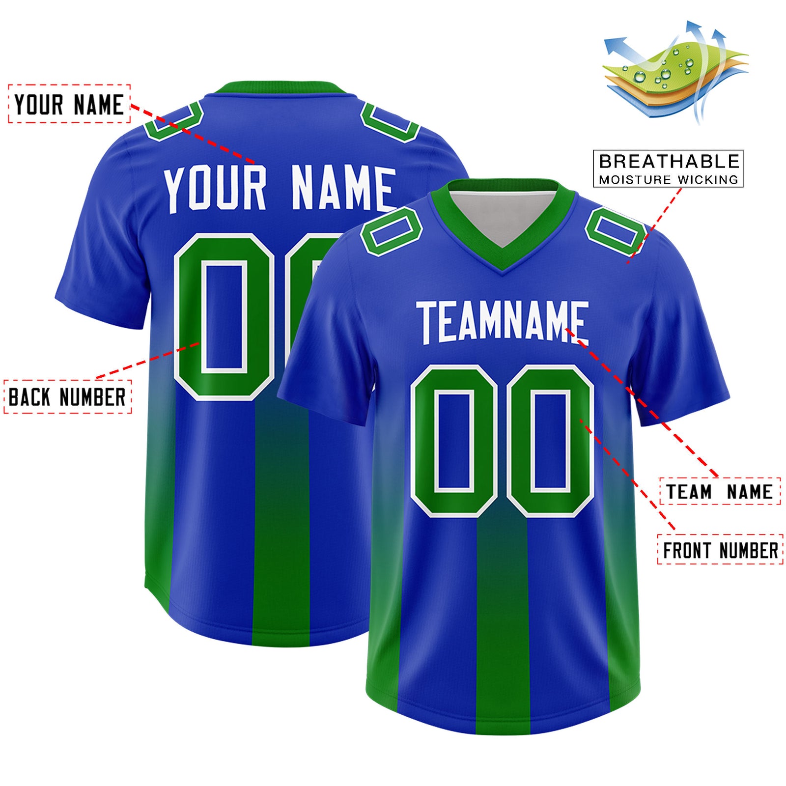 Custom Royal Kelly Green Vertical Width Stripe Gradient Fashion Personalized Team Football Jersey