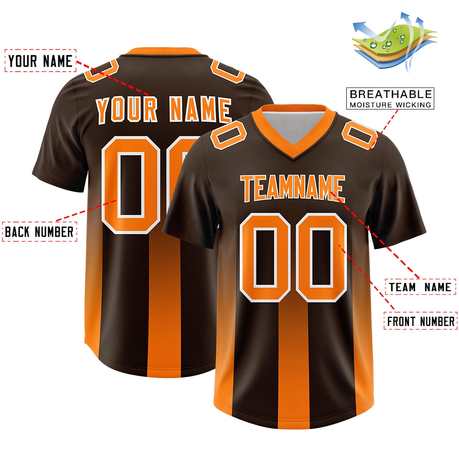 Custom Brown Orange Vertical Width Stripe Gradient Fashion Personalized Team Football Jersey