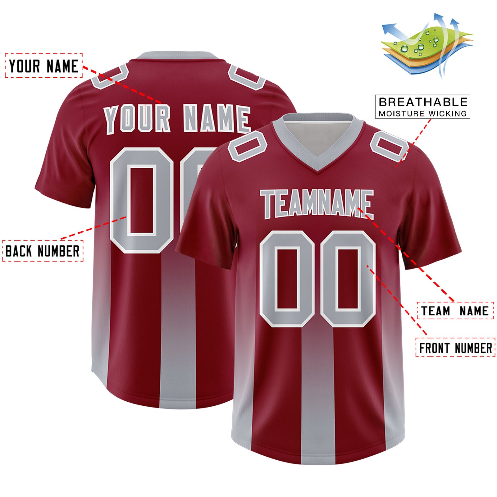 Custom Cardinal Gray Vertical Width Stripe Gradient Fashion Personalized Team Football Jersey
