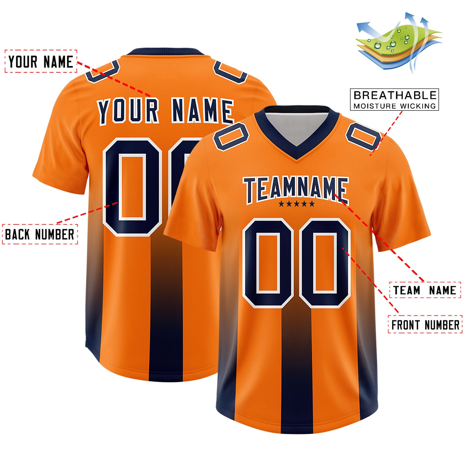 Custom Orange Navy Vertical Width Stripe Gradient Fashion Personalized Team Football Jersey