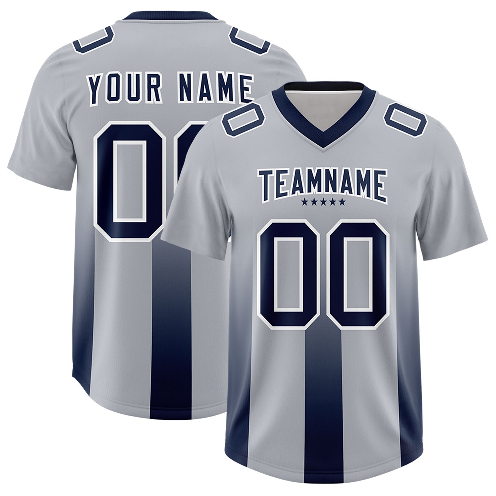 Custom Gray Navy Vertical Width Stripe Gradient Fashion Personalized Team Football Jersey