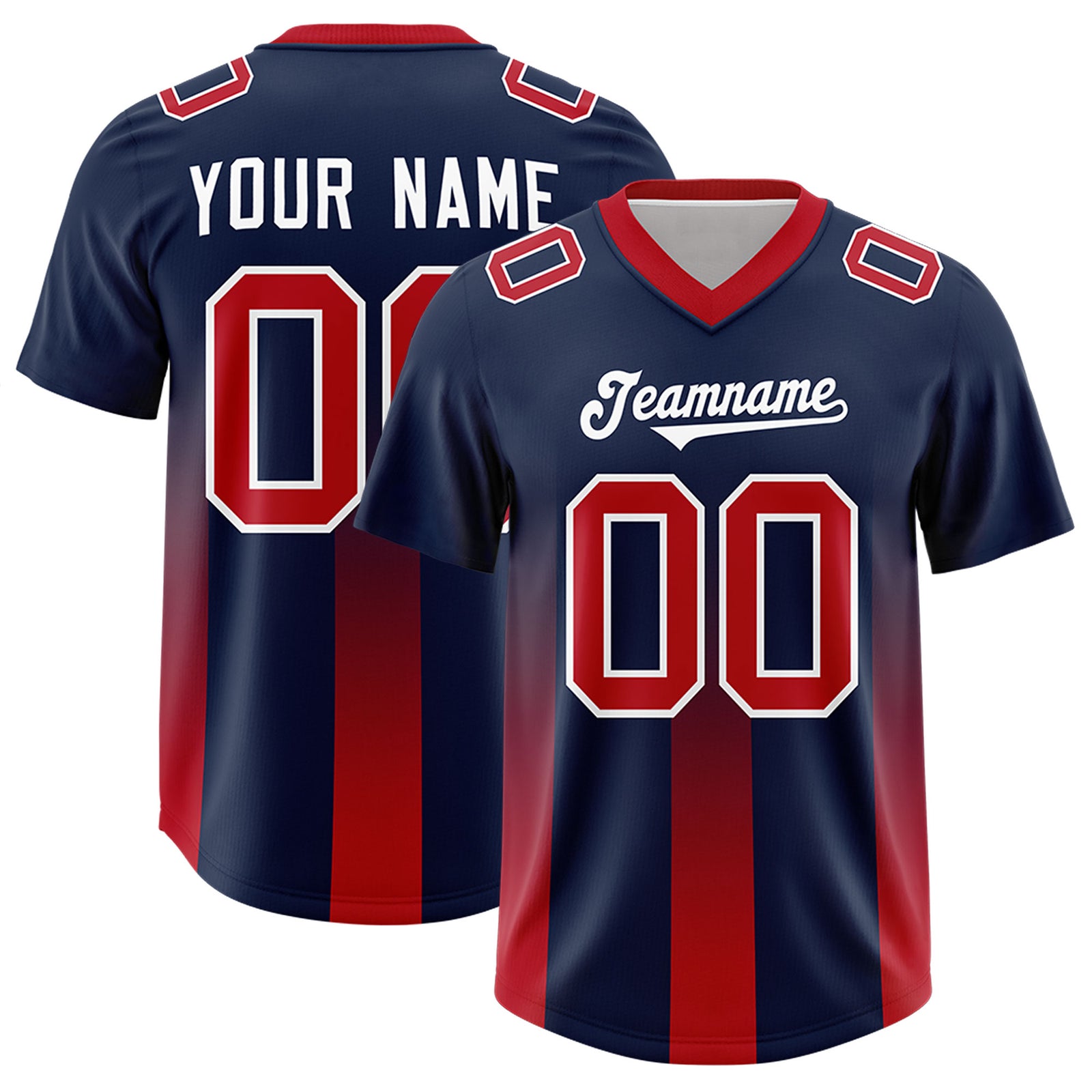Custom Navy Red Vertical Width Stripe Gradient Fashion Personalized Team Football Jersey