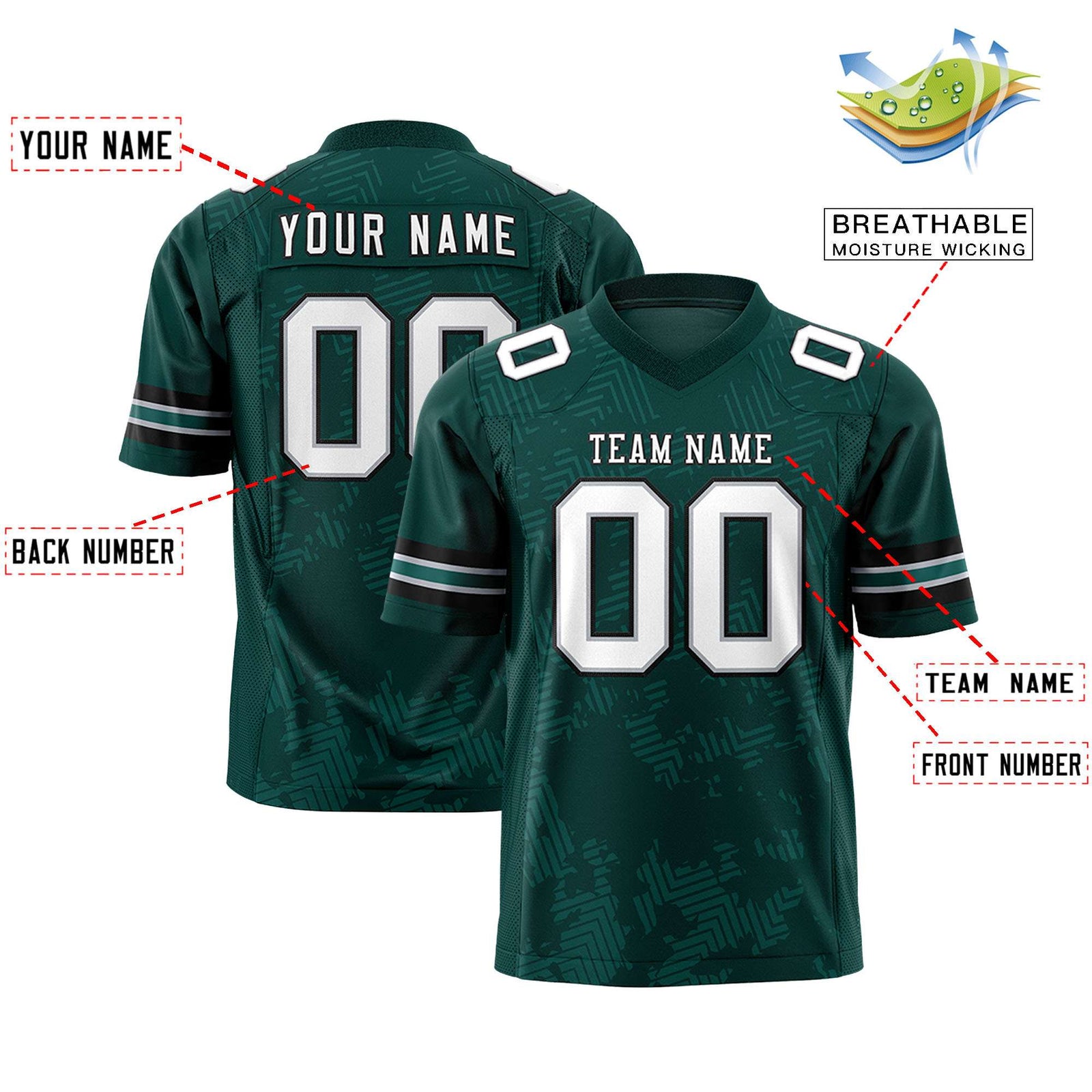 Custom Midnight Green White-Black Personalized Graffiti Line Design Authentic Football Jersey