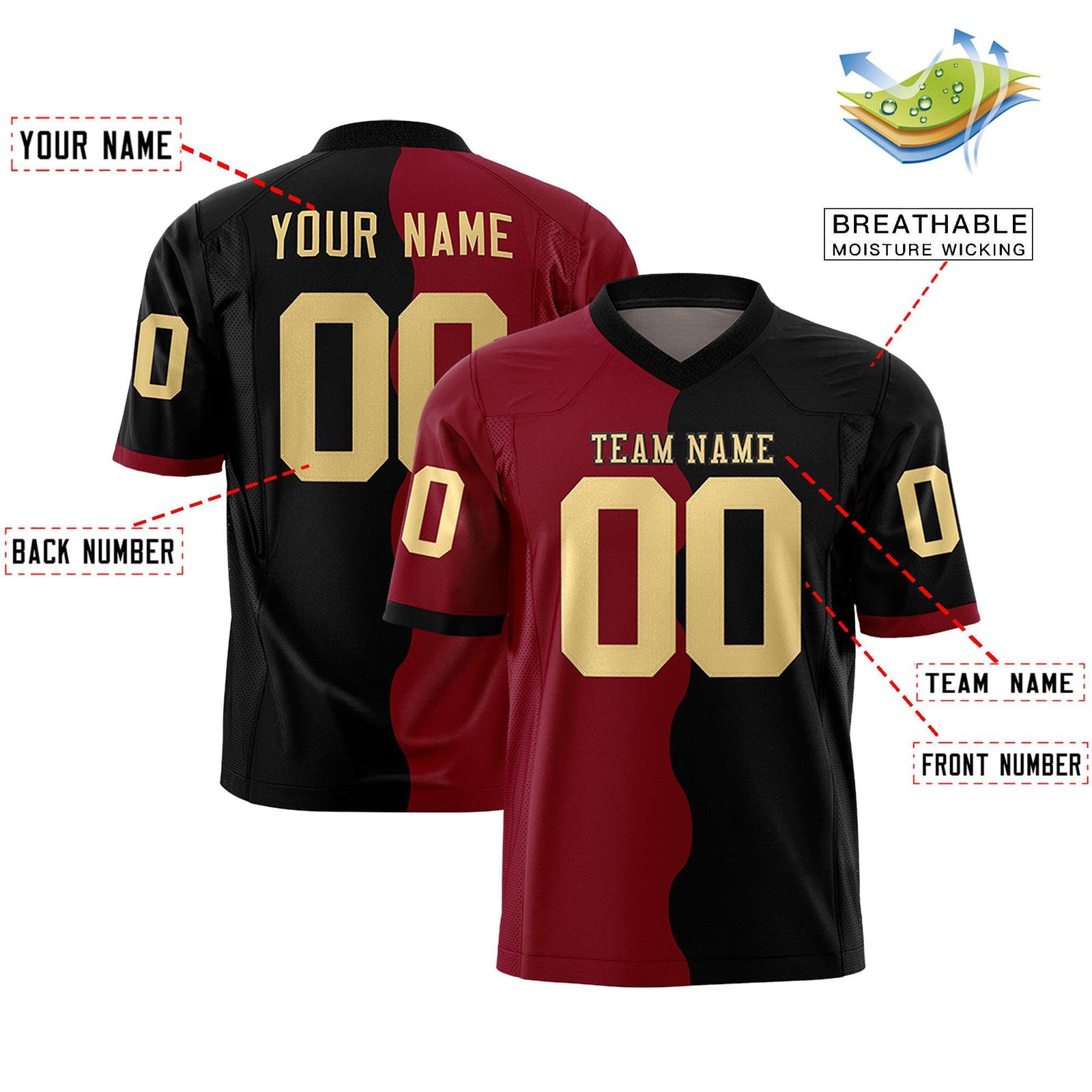Custom Black Crimson Split Fashion Mesh Authentic Football Jersey