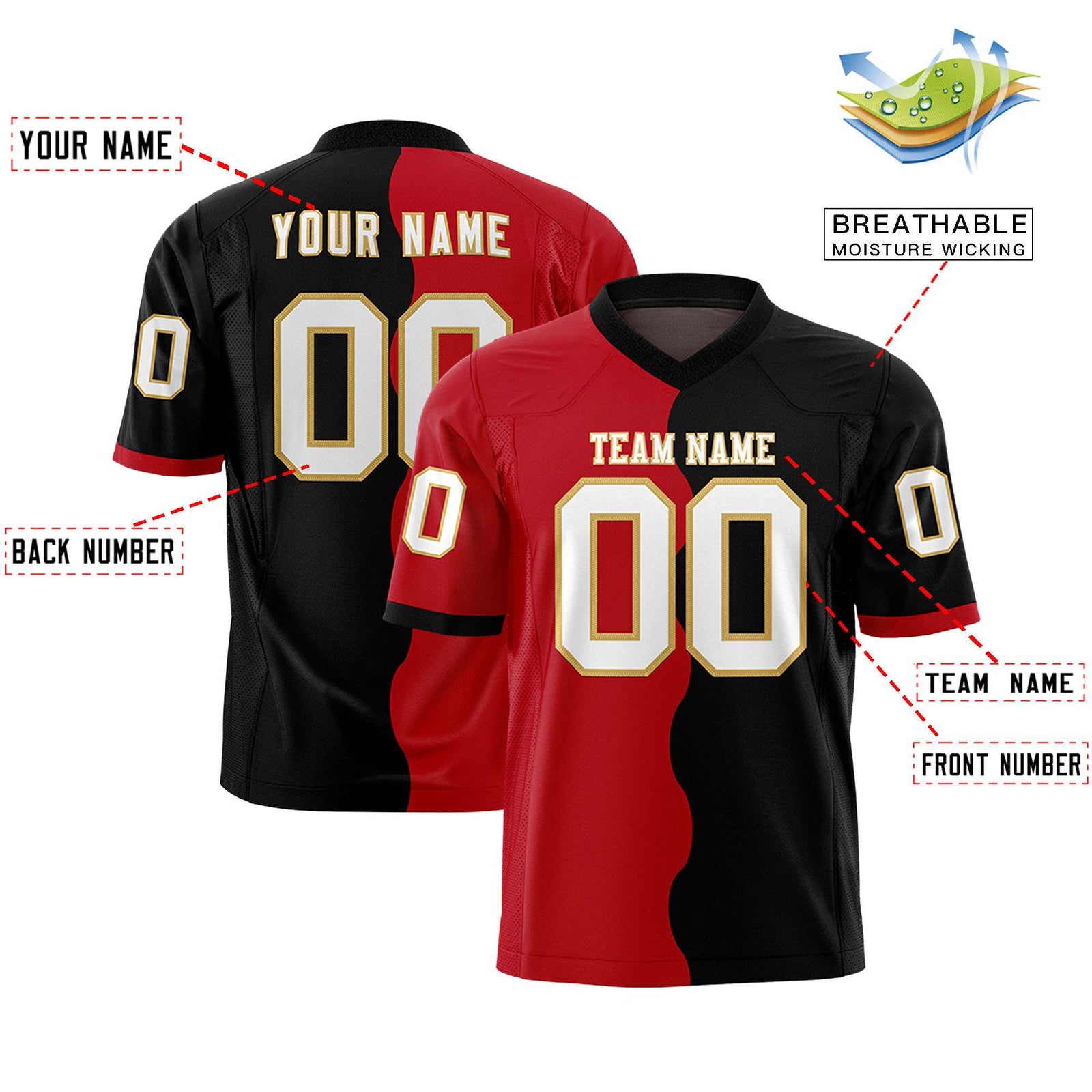 Custom Black Red Split Fashion Mesh Authentic Football Jersey