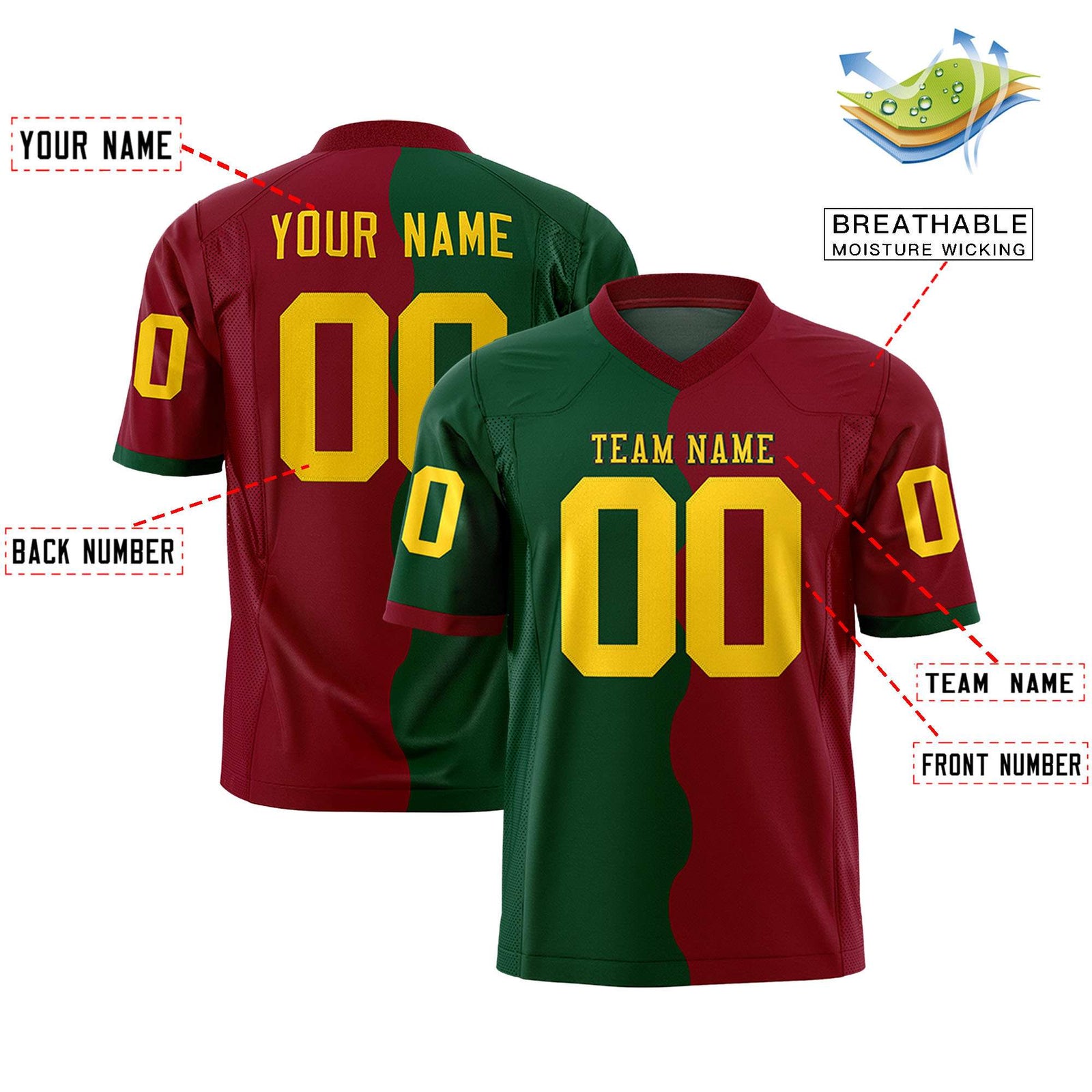 Custom Crimson Green Split Fashion Mesh Authentic Football Jersey