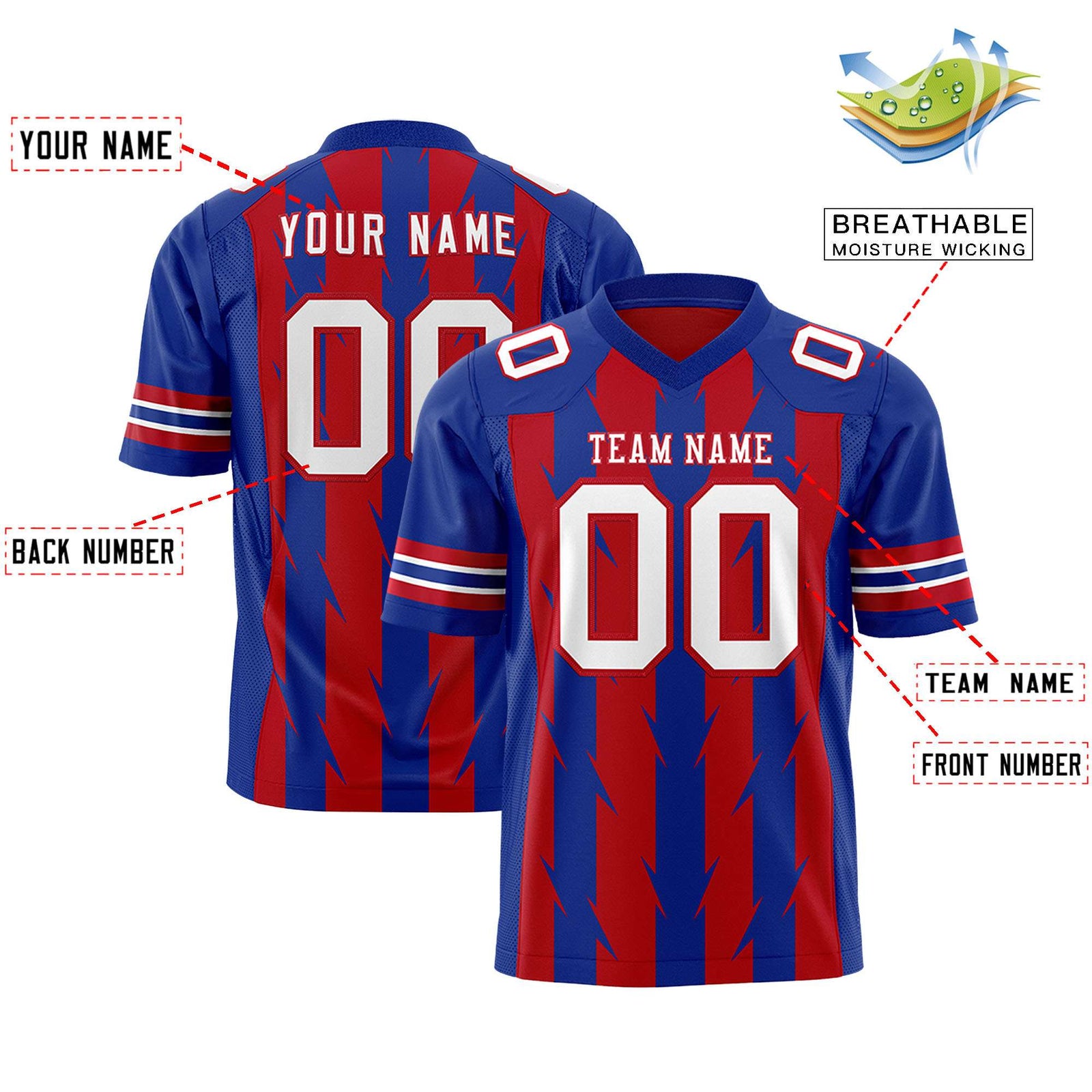 Custom Red and Royal Graffiti Pattern Practice Flag Football Jerseys For Youth & Mens| KXKSHOP