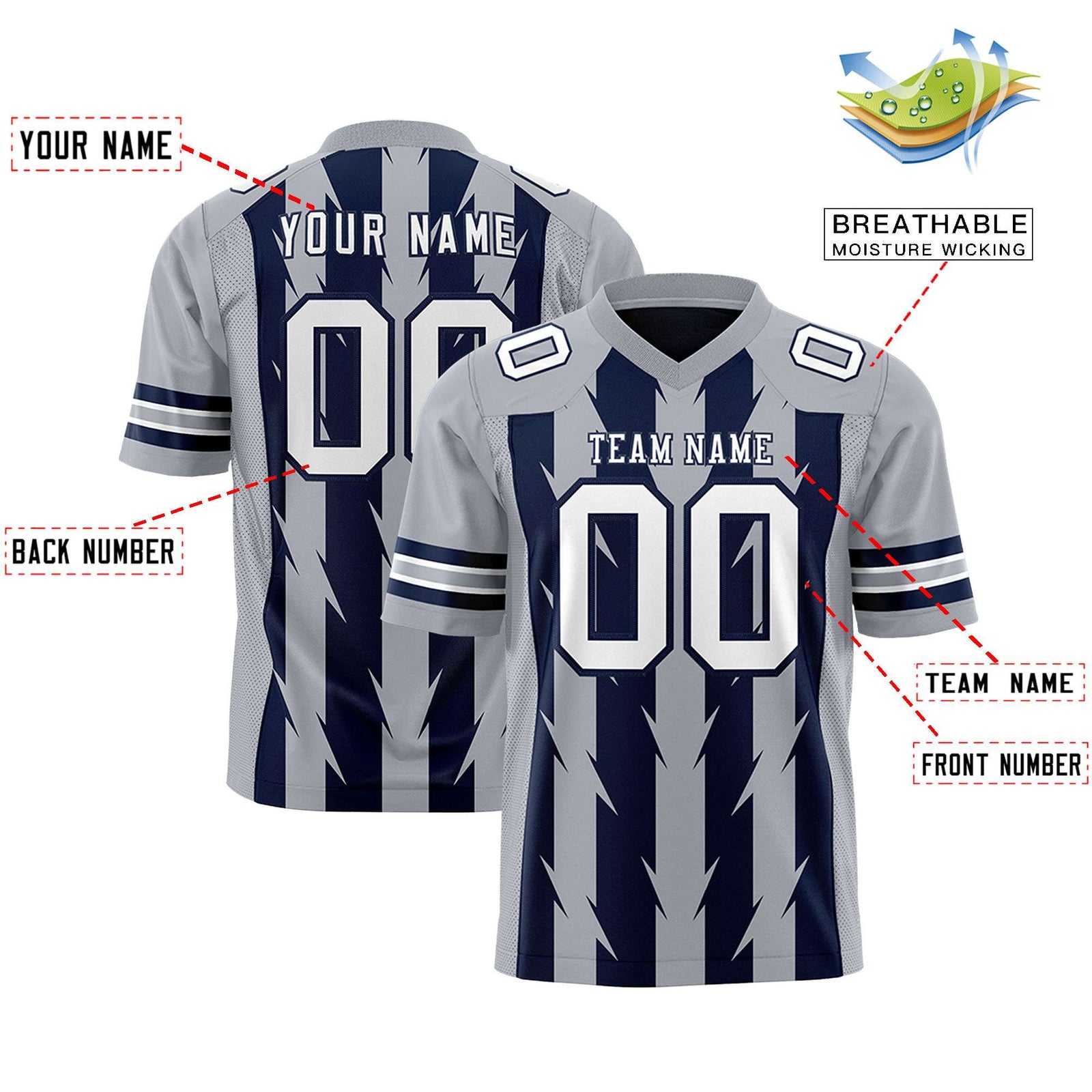 Custom Navy and Gray Graffiti Pattern Practice Flag Football Jerseys For Youth & Mens| KXKSHOP