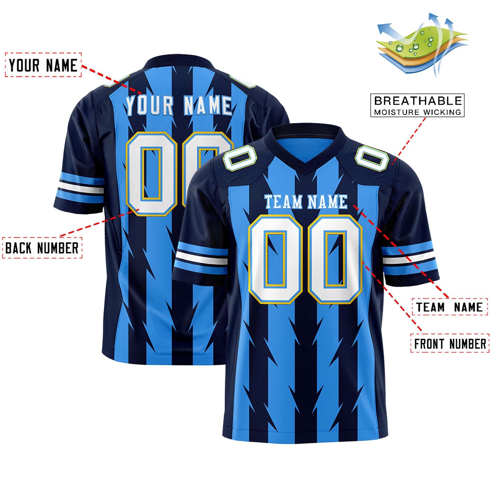 Custom Powder Blue and Navy Graffiti Pattern Practice Flag Football Jerseys For Youth & Mens| KXKSHOP