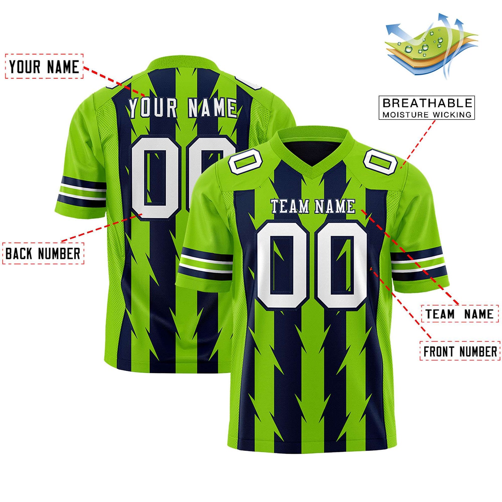 Custom Navy and Neon Green Graffiti Pattern Practice Flag Football Jerseys For Youth & Mens| KXKSHOP