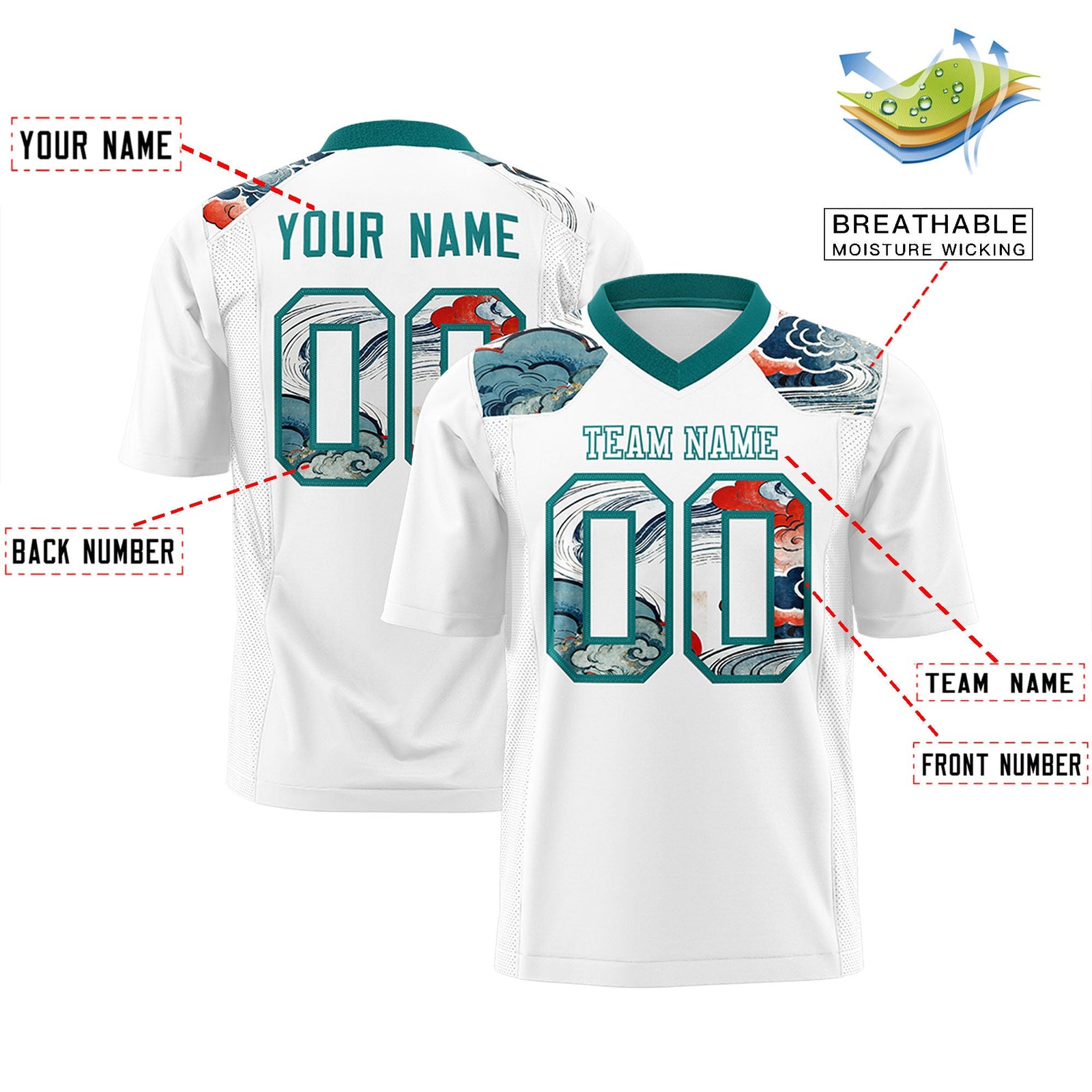 Custom Teal White Ukiyo-e Auspicious Clouds Graffiti Pattern Football Jersey | For Men,For Women | KXKSHOP