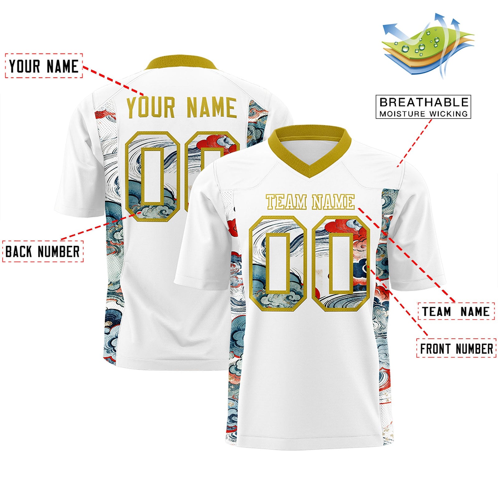 Custom White Old Gold Ukiyo-e Auspicious Clouds Graffiti Pattern Football Jersey | For Men,For Women | KXKSHOP