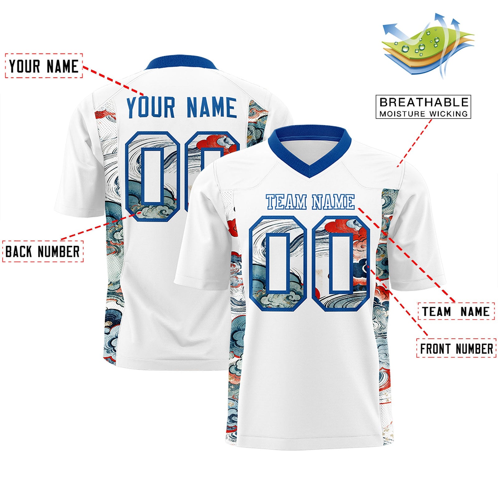 Custom White Royal Ukiyo-e Auspicious Clouds Graffiti Pattern Football Jersey | For Men,For Women | KXKSHOP