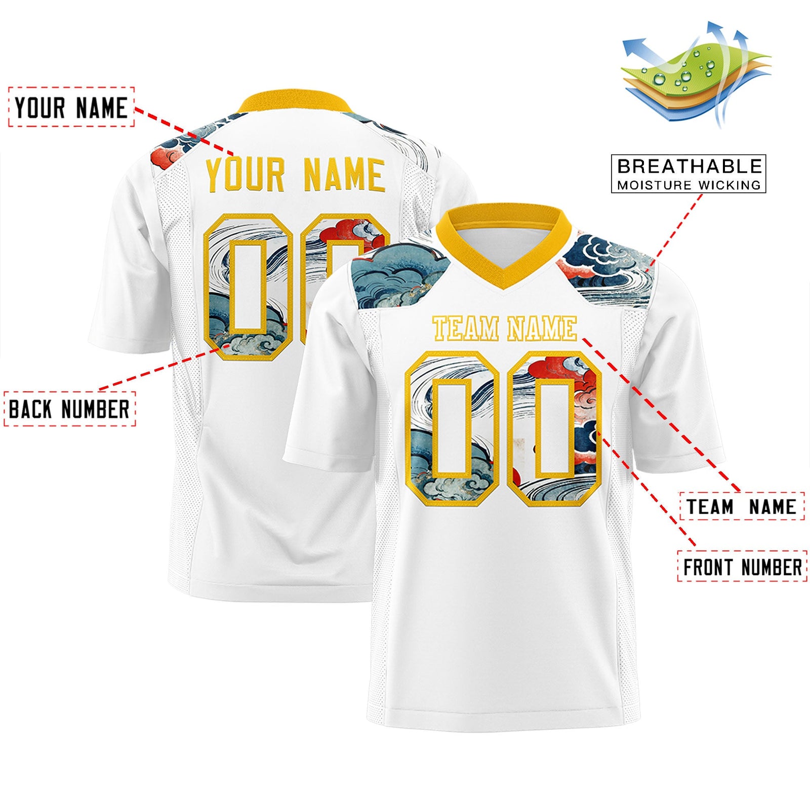 Custom Yellow White Ukiyo-e Auspicious Clouds Graffiti Pattern Football Jersey | For Men,For Women | KXKSHOP
